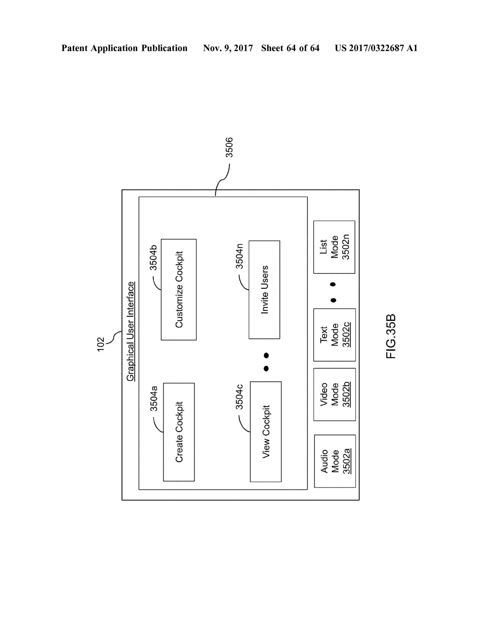 102
Patent Application Publication
GraphicalUserInterface
3504a
35046
CreateCockpit
CustomizeCockpit
3506
35040
-3504n
ViewCockpit
InviteUsers
Nov. 9, 2017 Sheet 64 of64
AudioMode3502a
VideoMode3502b
TextMode35020
ListMode3502n
US 2017/0322687 A1
FIG.35B
 