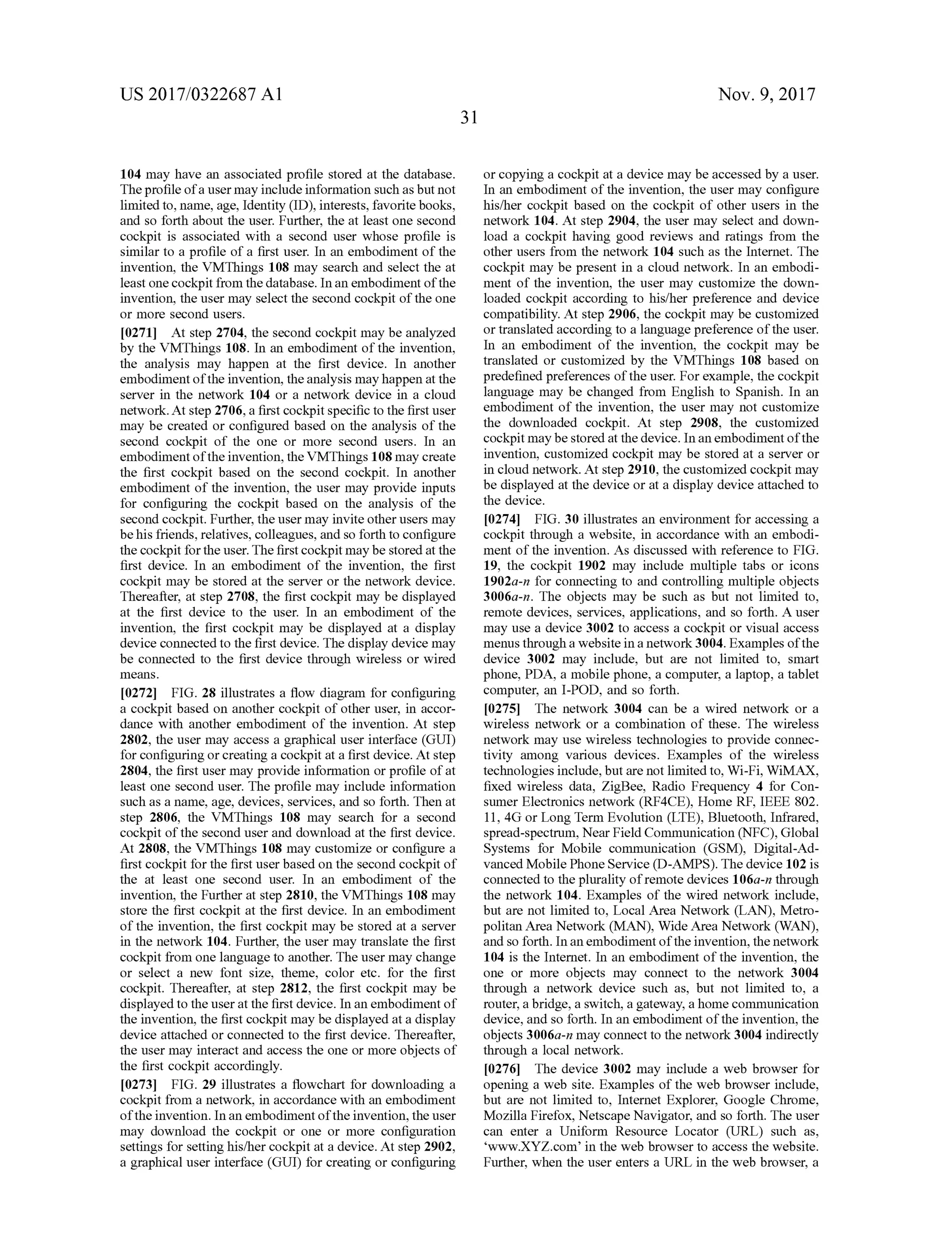 US 2017/0322687 A1 Nov. 9, 2017
31
104 may have an associated profile stored at the database.
Theprofile ofa usermay include information such asbutnot
limited to ,name,age, Identity (ID ), interests, favorite books,
and so forth about the user. Further, the at leastone second
cockpit is associated with a second user whose profile is
similar to a profile of a first user. In an embodiment of the
invention, the VMThings 108 may search and select the at
leastone cockpit from the database. In an embodimentofthe
invention, theusermay select the second cockpit of theone
ormore second users.
[0271] Atstep 2704, the second cockpitmaybe analyzed
by the VMThings 108.In an embodimentofthe invention,
the analysis may happen at the first device. In another
embodimentofthe invention, the analysismayhappen at the
server in the network 104 or a network device in a cloud
network.Atstep 2706, a first cockpitspecific to the firstuser
may be created or configured based on the analysis ofthe
second cockpit of the one or more second users. In an
embodimentofthe invention, the VMThings 108may create
the first cockpit based on the second cockpit. In another
embodiment of the invention, the user may provide inputs
for configuring the cockpit based on the analysis of the
second cockpit. Further,theusermay invite other usersmay
behis friends, relatives,colleagues,and so forth to configure
the cockpit fortheuser. The firstcockpitmay be stored atthe
first device. In an embodiment of the invention , the first
cockpit may be stored at the server or the network device.
Thereafter, at step 2708, the first cockpitmay be displayed
at the first device to the user. In an embodiment of the
invention, the first cockpitmay be displayed at a display
device connected to the first device. The display device may
be connected to the first device through wireless or wired
means.
[0272] FIG . 28 illustrates a flow diagram for configuring
a cockpit based on another cockpit of other user, in accor
dance with another embodiment of the invention. At step
2802, the usermay access a graphical user interface (GUI)
for configuringor creating a cockpit at a first device. Atstep
2804, the first usermay provide information or profile of at
least one second user. The profilemay include information
such as a name, age, devices, services, and so forth. Then at
step 2806, the VMThings 108 may search for a second
cockpit of the second user and download at the first device.
At2808, the VMThings 108may customize or configure a
firstcockpit for the first user based on the second cockpitof
the at least one second user. In an embodiment of the
invention, the Further at step 2810, the VMThings 108may
store the first cockpit at the first device. In an embodiment
of the invention, the first cockpitmay be stored ata server
in the network 104. Further, the user may translate the first
cockpit from one language to another. The usermay change
or select a new font size, theme, color etc. for the first
cockpit. Thereafter, at step 2812, the first cockpit may be
displayed to theuser atthe first device. In an embodimentof
the invention,the first cockpit may be displayed ata display
device attached or connected to the first device. Thereafter,
theusermay interactand accessthe oneormore objectsof
the first cockpit accordingly.
[0273] FIG . 29 illustrates a flowchart for downloading a
cockpit from a network, in accordancewith an embodiment
ofthe invention. In an embodimentof the invention, the user
may download the cockpit or one or more configuration
settings forsettinghis/her cockpit at a device. At step 2902,
a graphical user interface (GUI) for creating or configuring
or copying a cockpit at a devicemay be accessed by a user.
In an embodimentof the invention, the user may configure
his/her cockpit based on the cockpit of other users in the
network 104. At step 2904, the usermay select and down
load a cockpit having good reviewsand ratings from the
other users from the network 104 such as the Internet. The
cockpit maybe present in a cloud network. In an embodi
ment of the invention, the user may customize the down
loaded cockpit according to his/her preference and device
compatibility. Atstep 2906, the cockpit may becustomized
or translated according to a language preference of the user.
In an embodiment of the invention, the cockpit may be
translated or customized by the VMThings 108 based on
predefined preferences oftheuser. For example, the cockpit
language may be changed from English to Spanish . In an
embodiment of the invention , the user may not customize
the downloaded cockpit. At step 2908, the customized
cockpitmaybestored at thedevice.In an embodimentofthe
invention, customized cockpit may be stored at a server or
in cloud network. Atstep 2910, the customized cockpitmay
be displayed at the device or at a display device attached to
the device.
[0274] FIG . 30 illustrates an environment for accessing a
cockpit through a website, in accordance with an embodi
ment of the invention.As discussed with reference to FIG .
19, the cockpit 1902 may include multiple tabs or icons
1902a-n for connecting to and controlling multiple objects
3006a-n. The objects may be such as but not limited to ,
remote devices, services, applications, and so forth . A user
may use a device 3002 to access a cockpit or visual access
menusthrough a website in a network 3004. Examples ofthe
device 3002 may include, but are not limited to, smart
phone, PDA, amobile phone, a computer, a laptop,a tablet
computer,an I-POD, and so forth.
[0275] The network 3004 can be a wired network or a
wireless network or a combination of these. The wireless
network may use wireless technologies to provideconnec
tivity among various devices. Examples of the wireless
technologiesinclude,butare notlimited to,Wi-Fi,WiMAX,
fixed wireless data, ZigBee, Radio Frequency 4 for Con
sumer Electronics network (RF4CE), HomeRF, IEEE 802.
11, 4G orLong Term Evolution (LTE),Bluetooth, Infrared,
spread-spectrum , Near Field Communication (NFC),Global
Systems for Mobile communication (GSM ), Digital-Ad
vancedMobilePhone Service (D -AMPS). Thedevice 102 is
connected to the plurality ofremotedevices 106a-n through
the network 104. Examples of the wired network include,
but are not limited to, Local Area Network (LAN ), Metro
politan Area Network (MAN ),Wide Area Network (WAN),
and so forth . In an embodiment of the invention, thenetwork
104 is the Internet. In an embodimentof the invention, the
one or more objects may connect to the network 3004
through a network device such as, but not limited to , a
router,a bridge,a switch, a gateway,a homecommunication
device, and so forth . In an embodiment of the invention , the
objects 3006a-nmay connectto the network 3004 indirectly
through a local network.
[0276] The device 3002may include a web browser for
opening a web site. Examples of the web browser include,
but are not limited to, Internet Explorer, Google Chrome,
Mozilla Firefox,Netscape Navigator, and so forth. The user
can enter a Uniform Resource Locator (URL ) such as,
"www.XYZ.com ' in the web browser to access the website.
Further,when the user enters a URL in the web browser, a
 