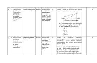 26 3.9 Menganalisis
besaran-
besaran fisis
gelombang
berjalan dan
gelombang
stasioner pada
berbagai kasus
nyata
Aplikasi/GelombangCahaya XI/Genap Disajikan gambar
interferensi celah
ganda terjadinya
terang ketiga
deangan jarak layar
ke celah 2 m.Siswa
dapat menghitung
panjang gelombang
pada celah ganda
26 Gambar di bawah ini merupakan sketsa lintasan
sinar oleh Interferensi dari celah ganda
Jika A adalah titik terang orde ketiga dan panjang
gelombang cahaya yang digunakan adalah 700
nm, maka jarak A dari terang pusat adalah...
A. 4,2 cm
B. 5,0 cm
C. 6,5 cm
D. 7,0 cm
E. 8,5 cm
D
27 3.3 Menganalisis
fenomena
induksi
elektromagneti
k dalam
kehidupan
sehari-hari
Pemahaman/Gelombang
Elektromagnetik
XII/Ganjil Diberikan nama
nama gelombang
.Siswa dapat
menentukan urutan
gelombang
elektromagnetik
dari frekuensi
terkecil hingga
terbesar
27 Berikut ini merupakan gelombang
elektromagnetik: sinar-x,radar,cahaya
tampak,infra merah. Urutan gelombang
elektromagnetik dari frekuensi terkecil hingga
terbesar adalah......
A.Sinar- x,radar,cahaya tampak,infra merah.
B.Sinar -x,cahaya tampak,infra merah,radar.
C.Infra merah,cahaya tampak,radar,sinar -x
D.Radar,infra merah,cahaya tampak,sinar-x
E.Sinar x,cahayatampak,radar,inframerah
D
 