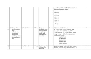 turun dengan frekuensi 20 Hz. Cepat rambat
gelombang tersebut adalah …
A. 0,5 m/s
B. 1,0 m/s
C. 2,5 m/s
D. 5,0 m/s
E. 10 m/s
34
.10 Menganalisis
karakteristik inti
atom,
radioaktivitas,
pemanfaatan,
dampak, dan
proteksinya dalam
kehidupan sehari-
hari
Aplikasi/Reaksi Inti XII/Genap Disajikan
persamaan reaksi
fusi,siswa dapat
menghitung
energi yang
dihasilkan oleh
reaksi inti
34 Perhatikan reaksi fusi berikut:
1H2
+ 1H2
→ 1H3
+ 1H1
+ energi Jika
massa inti 1H2
= 2,0141 sma, 1H3
=
3,0160 sma dan 1H1
= 1,0078 sma, maka
energi yang dihasilkan pada reaksi
fusi tersebut adalah...
A.5,0964 MeV
B 5,0443 MeV
C.4,0964 MeV
D.4,0878 MeV
E.4,0778 Mev
C
35 Arus Bolak Balik XII/ Ganjil Dapat menganalisis
rangkaian arus
bolak balik
Sebuah rangkaian RLC terdiri dari resistor
200 ohm, kapasitor 16 μF, dan induktor 1,6 H
E
 