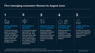 McKinsey & Company 1
Five emerging consumer themes in August 2021
1 2
Source: Based on 3rd-party data between Feb 2019 and Aug 2021, as well as longitudinal surveys conducted between Mar 2020 and Aug 2021 in the United States
1. Year-over-year growth for Mar–Jun 2021 relative to estimate of Mar–Jun 2020 growth had COVID-19 not occurred.
5
4
3
Strong spending –
by some
at 6% year-over-year
growth1 vs pre-COVID-
19 growth trajectory;
however, this differs by
income and age, with
higher-income and
younger consumers
spending more
Omnichannel is
ascendant
E-commerce continues
high growth of ~30%
year over year, while
brick-and-mortar sales
show 5% year-over-
year growth in August
as a result 60–70% of
consumers shopping
omnichannel
Loyalty shake-up
continues
30–40% of consumers,
most notably millennials
and Gen Z, continue to
switch brands or
retailers
A tentative return
to out-of-home
While almost 50% of
consumers are
engaging in “normal”
out-of-home activities,
home improvements
continue
Disparate recovery
across categories
Several categories
experienced continued
acceleration, while
travel and out-of-home
entertainment ceded
recovery to the Delta
variant
 