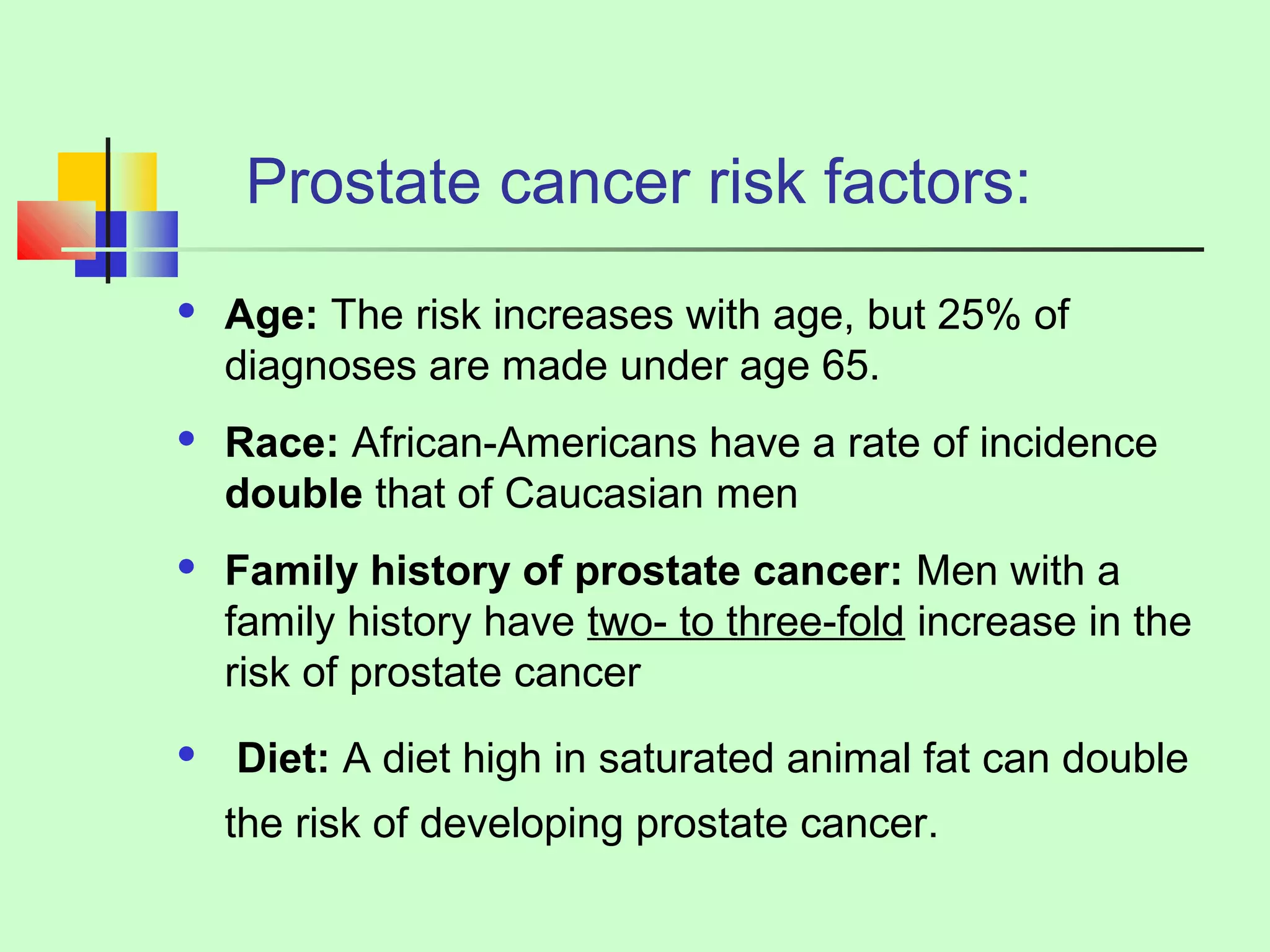 Prostate cancer risk factors: 
 Age: The risk increases with age, but 25% of 
diagnoses are made under age 65. 
 Race: African-Americans have a rate of incidence 
double that of Caucasian men 
 Family history of prostate cancer: Men with a 
family history have two- to three-fold increase in the 
risk of prostate cancer 
 Diet: A diet high in saturated animal fat can double 
the risk of developing prostate cancer. 
 