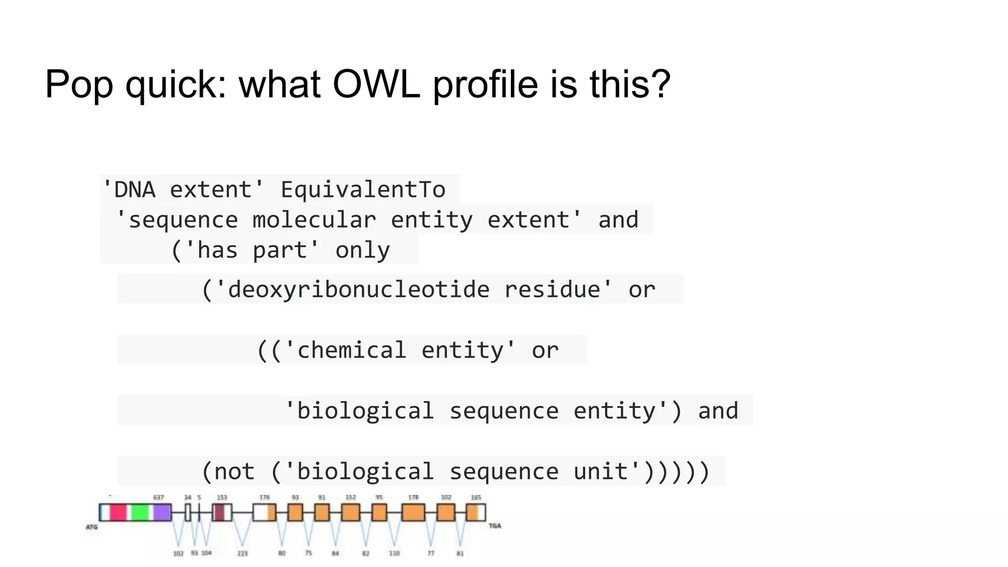 Pop quick: what OWL profile is this?
'DNA extent' EquivalentTo
'sequence molecular entity extent' and
('has part' only
('deoxyribonucleotide residue' or
(('chemical entity' or
'biological sequence entity') and
(not ('biological sequence unit')))))
 