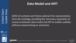 @azaroth42
rsanderson
@getty.edu
IIIF:	Interoperabilituy
Linked	Open	
Usable	Data
@azaroth42
rsanderson
@getty.edu
Data	Model	and	API?	
JSON-LD	contexts	and	frames	abstract	the	representation	
from	the	ontology,	providing	the	necessary	separation	of	
concerns	between	data	model	and	API	to	enable	usability	
without	compromising	on	semantics.
 
