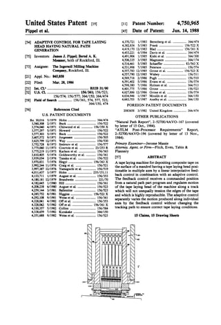United States Patent (19)
Pippel et al.
54
(75)
73
ADAPTIVE CONTROL FORTAPE LAYING
HEAD HAVING NATURAL PATH
GENERATION
Inventors: James J. Pippel; Bernd A. K.
Messner, both ofRockford, Ill.
Assignee: The Ingersoll MillingMachine
Company, Rockford, Ill.
21 Appl. No.: 845,858
(22 Filed: Mar. 28, 1986
51) Int. Cl." .............................................. B32B 31/00
52 U.S. C. .................................... 156/361; 156/523;
156/574; 156/577; 364/150,364/474
58 Field ofSearch ............... 156/361,574, 577, 523;
364/150, 474
(56) References Cited
U.S. PATENT DOCUMENTS
Re. 30,016 5/1979 Hohn................................... 364/474
3,560,308 2/1971 Buck .................................... 156/522
3,574,040 4/1971 Chitwood et al. ... 156/350 X
3,577,297 5/1971 Howard .............................. 156/522
3,577,303 5/1971 Buck .................................... 156/522
3,607,572 9/1971 Jorgensen . ... 156/505
3,625,799 12/1971 Way ............... ... 156/530
3,752,728 8/1973 Smirnov et al. .................... 156/577
3,775,060 1 1/1973 Courtois et al. 23/253 R.
3,775,219 11/1973 Karlson et al. .... ... 156/363
3,810,805 5/1974 Goldsworthy et al. ... 156/361
3,939,034 2/1976 Tanaka et al. ...................... 56/522
3,970,831 7/1976 Hegyi ............. 156/363 X
3,992,244 11/1976 Craig et al. ......................... 156/521
3,997,387 12/1976 Yamaguchi et al. ................ 56/59
4,011,437 3/1977 Hohn .............................. 235/151.11
4,133,711 1/1979 August et al........................ 156/353
4,180,181 12/1979 Brandwein . ... 221/70
4,182,645 l/1980 Hill ...................................... 156/36
4,208,238 6/1980 August et al........................ 156/523
4,259,144 3/1981 Ballentine ........................... 156/523
4,285,752 8/1981 Higgins .......... ... 156/522 X
4,292,108 9/1981 Weiss et al. ......................... 156/361
4,328,061 4/1982 Offet al. ............................. 156/353
4,328,062 5/1982 Offet al. ... ... 156/361 X
4,330,357 5/1982 Collins ................................ 156/584
4,338,659 7/1982 Kurakake ............................ 364/150
4,351,688 9/1982 Weiss et al. ......................... 156/523
SS
o
see SO2
NSSa
ŠII
11 Patent Number: 4,750,965
(45) Date of Patent: Jun. 14, 1988
4,370,721 1/1983 Berenberg et al. ................. 364/474
4,382,836 5/1983 Frank .............................. 156/522 X
4,419,170 12/1983 Blad ................................ 156/361 X
4,453,221 6/1984 Davis et al. ......................... 364/474
4,491,906 1/1985 Kishi et al. ..... ... 364/300
4,506,335 3/1985 Magnuson ........................... 364/174
4,516,461 5/1985 Schaeffer ... ... 83/563 X
4,531,998 7/1985 Peterson .............................. 156/574
4,557,783 12/1985 Grone et al. ... 56/523 X
4,557,790 12/1985 Wisbey ................................ 156/511
4,569,716 2/1986 Pugh ................................... 156/510
4,591,402 5/1986 Evans et al. ........................ 156/574
4,598,380 7/1986 Holmes et al. .
4,601,775 7/1986 Grone ............ m 156/523
4,627,886 12/1986 Grone et al. ........................ 156/574
4,634,946 1/1987 Moulds et al. ...................... 364/150
4,663,703 5/1987 Axelby et al. ....................... 364/150
FOREIGN PATENT DOCUMENTS
2083658 3/1982 United Kingdom ................ 364/474
OTHER PUBLICATIONS
“Natural Path Report', 2-52700/4AVO-167 (covered
by letter of 15 Oct., 1984).
"ATLM Post-Processor Requirements' Report,
2-52700/4AVO-196 (covered by letter of 13 Nov.,
1984).
Primary Examiner-Jerome Massie
Attorney, Agent, or Firm-Fitch, Even, Tabin &
Flannery
(57) ABSTRACT
Atapelayingmachinefordepositingcompositetapeon
thesurface ofa mandrel havinga tapelaying head posi
tionable in multiple axes by a linear interpolative feed
back control in combination with an adaptive control.
The feedback control receives a commanded position
from a natural path part program and regulates motion
of the tape laying head of the machine along a track
which will not unequally tension the edges of the tape
and which is highly reproducible. Theadaptive control
separately varies the motion produced along individual
axes by the feedback control without changing the
tracking path to ensure correct tape laying conditions.
15 Claims, 15 Drawing Sheets
Š O
2S
N.A to
RFA
 
