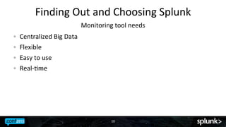 Finding	
 Out	
 and	
 Choosing	
 Splunk	
 
Monitoring	
 tool	
 needs	
 
!
!
!
! 

Centralized	
 Big	
 Data	
 
Flexible	
 
Easy	
 to	
 use	
 
Real-­‐Jme	
 

10	
 

 