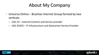 About	
 My	
 Company	
 	
 
!

Universo	
 Online	
 –	
 Brazilian	
 Internet	
 Group	
 formed	
 by	
 two	
 
verJcals:	
 
–  UOL	
 CS	
 –	
 Internet	
 Content	
 and	
 Service	
 provider	
 
–  UOL	
 DIVEO	
 –	
 IT	
 Infrastructure	
 and	
 Datacenter	
 Service	
 Provider	
 

3	
 

 