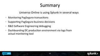 Summary	
 	
 
Universo	
 Online	
 is	
 using	
 Splunk	
 in	
 several	
 ways	
 
! 

Monitoring	
 PagSeguro	
 transacJons	
 

! 

SupporJng	
 PagSeguro	
 business	
 decisions	
 

! 

R&D	
 Sohware	
 Engineering	
 debugging	
 

!

Dashboarding	
 DC	
 producJon	
 environment	
 via	
 logs	
 from	
 	
 
actual	
 monitoring	
 tool	
 

35	
 

 
