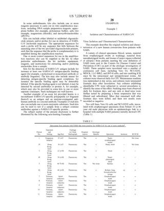 US 7,220,852 B1
27
In Some embodiments, kits also include one or more
reagents necessary to carry out in vitro amplification reac
tions, including DNA sample preparation reagents, appro
priate buffers (for example, polymerase buffer), salts (for
example, magnesium chloride), and deoxyribonucleotides
(dNTPs).
Kits can include either labeled or unlabeled oligonucle
otide primers and/or probes for use in detection of SARS
CoV nucleotide sequences. The appropriate sequences for
such a probe will be any sequence that falls between the
annealing sites ofthe two provided oligonucleotide primers,
Such that the sequence that the probe is complementary to is
amplified during the amplification reaction.
One or more control sequences for use in the amplifica
tion reactions also can be supplied in the kit. In other
particular embodiments, the kit includes equipment,
reagents, and instructions for extracting and/or purifying
nucleotides from a sample.
Kits for the detection of SARS-CoV antigen include for
instance at least one SARS-CoV antigen-specific binding
agent (forexample, a polyclonal or monoclonal antibody or
antibody fragment). The kits may also include means for
detecting antigen:specific binding agent complexes, for
instance the specific binding agent may be detectably
labeled. Ifthe specific binding agent is not labeled, it may be
detected by second antibodies or protein A, for example,
which may also be provided in some kits in one or more
separate containers. Such techniques are well known.
Another example of an assay kit provided herein is a
recombinant SARS-CoV-specific polypeptide (or fragment
thereof) as an antigen and an enzyme-conjugated anti
human antibody as a secondantibody. Examples ofsuch kits
also can include oneor more enzymatic Substrates. Such kits
can be used to test if a sample from a Subject contains
antibodies against a SARS-CoV-specific protein.
The subject matter of the present disclosure is further
illustrated by the following non-limiting Examples.
5
10
15
25
30
28
EXAMPLES
Example 1
Isolation and Characterization of SARS-CoV
Virus Isolation and Ultrastructural Characterization
This example describes the original isolation and charac
terization of a new human coronavirus from patients with
SARS.
A variety of clinical specimens (blood, serum, material
from oropharyngeal Swabs or washings, material from
nasopharyngeal Swabs, andtissues ofmajororgans collected
at autopsy) from patients meeting the case definition of
SARS were sent to the Centers for Disease Control and
Prevention (CDC) as part of the etiologic investigation of
SARS. These samples were inoculated onto a number of
continuous cell lines, including Vero E6, NCI-H292,
MDCK, LLC-MK2, and B95-8 cells, and into suckling ICR
mice by the intracranial and intraperitoneal routes. All
cultures were observed daily forCPE. Maintenance medium
was replenished at day seven, and cultures were terminated
fourteen days after inoculation. Any cultures exhibiting
identifiable CPE were subjected to several procedures to
identify thecauseoftheeffect. Suckling mice wereobserved
daily for fourteen days, and any sick or dead mice were
further tested by preparing a brain Suspension that was
filtered and subcultured. Mice that remained well after
fourteen days were killed, and their test results were
recorded as negative.
Two cell lines, Vero E6 cells and NCI-H292 cells, inocu
lated with oropharyngeal specimens from Patient 16 (a 46
year old male physician with an epidemiologic link to a
hospital with multiple SARS patients) initially showed CPE
(Table 1)
TABLE 1.
Specimens from patients with SARS that were positive for SARS-CoV by one or more methods'.
Exposure Findings
Patient and on Chest
No. Setting Age/Sex Radiograph
1 Singapore, 53 yr?F Pneumonia
hospital
2t Hong 36 yr?F Pneumonia
Kong,
hotel
3 Hong 22 yr?M Pneumonia
Kong,
hotel
4t Hong 39 yr?M Pneumonia
Kong,
hotel
5 Hong 49 Yr M Pneumonia
Kong,
hotel
6i Hong 46 yr?M Pneumonia
Kong,
hotel
7 Vietnam, Adult Pneumonia
hospital unknown
8 Vietnam, Adult Pneumonia
hospital unknown
9 Vietnam, Adult Pneumonia
hospital unknown
10 Vietnam, Adult Pneumonia
hospital unknown
11 Vietnam, Adult Pneumonia
hospital unknown
Hospital- Serologic
ization Results Specimen Isolation RT-PCR
Yes -- Nasal, Not done
oropharyngeal
swabs
Yes -- Nasal, Swab Not done
Yes -- Swab
Yes -- Nasal,
pharyngeal
Swab
Yes Not done Sputum -- --
Yes -- Kidney, lung, +S --
bronchoalveolar
lavage
Yes Oropharyngeal -- --
wash
Yes Oropharyngeal --
wash
Yes Oropharyngeal --
wash
Yes Oropharyngeal --
wash
Yes Oropharyngeal --
wash
 