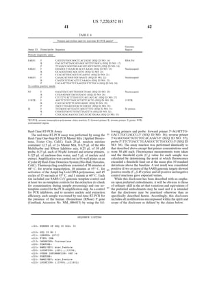 US 7,220,852 B1
41
TABLE 6
42
Primers and probes used for real-time RT-PCR assays"
Genomic
Assay ID Primer/probe Sequence Region
Primary diagnostic assay
SARS1 CATGTGTGGCGGCTCACTATAT (SEQ ID NO: 16) RNA POI
R GACACTATTAGCATAAGCAGTTGTAGCA (SEQ ID NO: 17)
C TTAAACCAGGTGGAACATCATCCGGTG (SEQ ID NO: 18)
SARS2 GGAGCCTTGAATACACCCAAAG (SEQ ID NO: 19) Nucleocapsid
R GCACGGTGGCAGCATTG (SEQ ID NO: 20)
C CCACATTGGCACCCGCAATCC (SEQ ID NO: 21)
SARS3 CAAACATTGGCCGCAAATT (SEQ ID NO: 22) Nucleocapsid
R CAATGCGTGACATTCCAAAGA (SEQ ID NO. 23)C
To confirm positive results
N3
CCGAAGAGCTACCCGACG (SEQ ID NO: 26)
GAAGTACCATCTGGGGCTGAG (SEQ ID NO:25)
CACAATTTGCTCCAAGTGCCTCTGCA (SEQ ID NO: 24)
Nucleocapsid
CTCTTTCATTTTGCCGTCACCACCAC (SEQ ID NO: 27)
AGCTCTCCCTAGCATTATTCACTG (SEQ ID NO: 28)
CACCACATTTTCATCGAGGC (SEQ ID NO: 29)
TACCCTCGATCGTACTCCGCGT (SEQ ID NO:30)
TGTAGGCACTGATTCAGGTTTTG (SEQ ID NO: 31)
CGGCGTGGTCTGTATTTAATTTA (SEQ ID NO:32)
CTGCATACAACCGCTACCGTATTGGAA (SEQ ID NO: 33)
M protein
RT-PCR, reverse transcription-polymerase chain reaction: F, forward primer; R, reverse primer: P. probe; NTR,
nontranslated region.
Real-Time RT-PCR Assay
The real-time RT-PCR assay was performed by using the
Real-Time One-Step RT-PCR Master Mix (Applied Biosys
tems, Foster City, Calif.). Each 25-uI reaction mixture
contained 12.5 LL of 2x Master Mix, 0.625 uL of the 40x
MultiScribe and RNase Inhibitor mix, 0.25 uL of 10 uM
probe, 0.25 uL each of50 uM forward and reverse primers,
6.125 uL of nuclease-free water, and 5 uL of nucleic acid
extract.Amplification wascarriedoutin96-wellplates onan
iCycleriO Real-TimeDetection System (Bio-Rad, Hercules,
Calif.).Thermocyclingconditions consisted of30 minutesat
48° C. for reverse transcription, 10 minutes at 95° C. for
activation ofthe AmpliTaq Gold DNA polymerase, and 45
cycles of 15 seconds at 95° C. and 1 minute at 60° C. Each
run included one SARS-CoV genomic template control and
at least two no-template controls forthe extraction (to check
for contamination during sample processing) and one no
templatecontrol forthe PCR-amplification step. As a control
for PCR inhibitors, and to monitor nucleic acid extraction
efficiency, each sample was tested by real-time RT-PCR for
the presence of the human ribonuclease (RNase) P gene
(GenBank Accession No. NM 006413) by using the fol
SEQUENCE LISTING
<160> NUMBER OF SEQ ID NOS: 38
<210> SEQ ID NO 1
&2 11s LENGTH 29 727
&212> TYPE DNA
<213> ORGANISM: Coronavirus
&22O > FEATURE
<221> NAME/KEY: misc feature
<222> LOCATION: (265) . . ( 13398)
&223> OTHER INFORMATION ORF 1a
&22O > FEATURE
<221> NAME/KEY: misc feature
<222> LOCATION: (13398) ... (21482)
30
35
40
45
lowing primers and probe: forward primer 5'-AGATTTG
GACCTGCGAGCG-3' (SEQ ID NO:36): reverse primer
5'-GAGCGGCTGTCTCCACAAGT-3' (SEQ ID NO: 37):
probe5'-TTCTGACCTGAAGGCTCTGCGCG-3 (SEQID
NO: 38). The assay reaction was performed identically to
that described above except that primer concentrations used
were 30 uM each. Fluorescence measurements were taken
and the threshold cycle (C) value for each sample was
calculated by determining the point at which fluorescence
exceeded a threshold limit set at the mean plus 10 standard
deviations above the baseline. A test result was considered
positiveiftwo or moreoftheSARS genomic targets showed
positive results (CS45 cycles) andall positiveand negative
control reactions gave expected values.
While this disclosure has been described with an empha
sis upon preferred embodiments, it will be obvious to those
ofordinary skill in the art that variations and equivalents of
the preferred embodiments may be used and it is intended
that the disclosure may be practiced otherwise than as
specifically described herein. Accordingly, this disclosure
includes all modifications encompassed within the spirit and
scope of the disclosure as defined by the claims below.
 