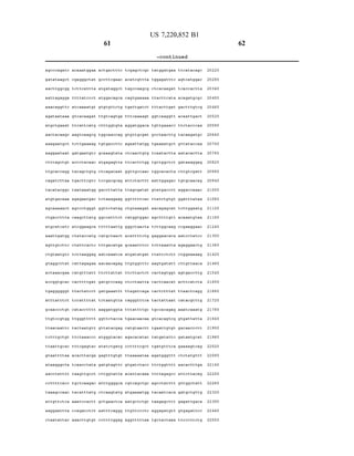 agcc.ca.gatc
gatataagct
aacttggcgg
aattagagga
aaacaggttc
agataataaa
atgctgaaat
aactacaa.gc
aaagaatgct
aaggaataat
citttagctgt
ttgcaccagg
cagatcttaa
tacatacggc
atgtgacaaa
agcaaaaact
citgacctitta
atgcatcatc
aaattgatgg
agttgttctitc
citgitaatgtc
gtaggctitat
actaaacgaa
accggtgcac
tgaggggggt
atttatttct
gcaa.ccctgt
ttgtc.cgtgg
ttaacaattic
totttgctgt
ttaattgcac
gtaattittaa
ataagggcta
alaccitattitt
cotttitcacc
taaag.ccaac
attgttctda
aaggaattta
citaatattac
acaaatggaa
cgagggctat
tottcattta
titttatccct
atcaaaatgt
gtoacaagat
ttcattcatg
aagtcaag.cg
tottgaaaag
gatgaatgtc
accostacaac
tacagotgtg
tgactitcgto
taataaatgg
agagaatgac
agcc.ctgggit
caagcttatg
atcggaagCa
citataccatg
citattoactic
tottaaggag
cattagagaa
catgtttatt
cacttittgat
ttacitaticct
to catttitat
cataccttitt
ttgggtttitt
tactaatgtt
ttctaaa.ccc.
tittcgagtac
acacttacga
toalaccitata
taagttgcct
tgctdaagac
tacatttatg
aaatccactt
ccagacctct
aaacttgttgt
61
actgactittc
gcctitcgaac
atgataggct
atggacagoa
gtgtgttctg
ttgtcagtga
citttggtgta
tggcaaccag
tgttgacctitc
gcaaagtata
atgagagitta
citcagacaat
to Cgacgcag
gaccttatta
totaaagaag
ggttctatag
ggccatttct
tttittaattg
catgctaact
tittgacatga
aatcaaatca
aacaacagag
titotitatitat
gatgttcaag
gatgaaattit
totaatgtta
aaggatggta
ggttctacca
gttatacgag
atgggtacac
atatotgatg
gagtttgttgt
gatgtagttc
cittggtatta
atttggggca
citcaagtatg
gctgaactica
aattitcaggg
ccttittggag
to gagcitcgc
acatcgttta
tagccaag.cg
cagtgaaaaa
tgattgatct
tittcaaaagt
aggatggaca
gtgttgcgat
agaattatogg
citcaactgtg
ttcactittgg
ggttgccaac
attctactitt
ttagogatat
ggtttittcac
citgtaaagat
catggtggac
gggctaacta
acattttctg
gcaaattitcc
atgatatgat
ttgttggitttc
titotitactict
citcctaatta
ttagatcaga
cagggitttca
tittattittgc
tgaacaacaa
catgtaactt
agacacatac
cctttitc.gct
ttaaaaataa.
gtgatctacc
acattacaaa.
cgtcagotgc
atgaaaatgg
aatgctotgt
ttgttcccitc
aggtttittaa
US 7,220,852 B1
-continued
tatggatgaa
tggagatttic
citcacaagat
titactitcaita
tttacttgat
ggtoaaggitt
tgttgaalacc
gcctaacttg
tgaaaatgct
tdaatacitta
tgctggctot
tggcacacta
aattggagac
gtatgaccot
ttatctgttgt
aacagagcat
agcttttgtt
tottggcaag
gaggalacaca
tottaaatta
titattotott
aagtgatatt
cactagtggit
cacticaa.cat
cactictititat
tactattaat
tgccacagag
gtoacagtcg
tgaattgttgt
tatgatatto
tgatgtttca
agatgggttt
ttctggittitt
ttittagagcc
agcctattitt
tacaatcaca
taagagctitt
aggagatgtt
tgctactaaa
ttcatacago
agtcatggac
toaccactita
acagatgcgc
gacitttgtc.g
acaattgact
ttctacccala
tacaagatgc
gttataccala
aatacactita
gatalaaggag
cittgtc.gatt
tgtgcaa.ca.g
aggaccaaac
ggatttataa
tottggaatg
acaaatgtaa
cc.gaaggaac
aatccitaticc
agaggaactg
citggaaaaag
cittgttaaca
agtgaccittg
actitcatcta
ttaacto agg
catacgtttg
aaatcaaatg
gtgattatta
gacaaccott
gataatgcat
gaaaagttcag
citctatotitt
aacactittga
attcttacag
gttggctatt
gatgctgttg
gagattgaca
gtgagattoc
titcccttctg
2O220
2028O
2O340
2O4 OO
2O460
2O520
2O640
2O940
21 OOO
21 O60
21120
2118O
2124 O
21300
21360
21420
21480
21540
21600
21660
21720
21780
21840
21900
21960
22 O20
22080
221 4 0
22200
22260
22320
22.380
224 40
225 OO
62
 