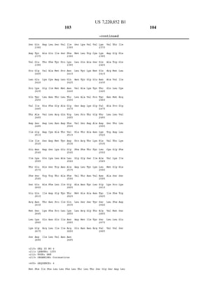 Ser
Asp
Wall
Pro
Teu
Pro
Glin
Wall
Thr
Asp
Ile
Ile
Glu
Ile
Thr
Phe
Ser
Glu
Arg
Met
Teu
Ser
<400
Met Phe Ile Phe Leu Leu Phe Leu Thr Leu Thir Ser Gly Ser Asp Leu
Glin
2360
Tyr
2375
Glu
2390
Gly
2405
Glu
2420
Lys
2435
Tyr
2450
Ile
2465
Ala
24.80
Ser
2495
Gly
2510
Ile
2525
Asn
2540
Lys
2555
Glu
2570
Ser
2585
Glu
26 OO
Glin
2615
Asn
2630
Ser
2645
Lys
2660
Gly
2675
Asp
2690
TYPE
ORGANISM: Coronavirus
Asp
Ala
Thr
Wall
Gly
Teu
His
Wall
Asp
Asp
Ser
Asp
Glin
His
Trp
Ala
Ile
Thr
Glu
Arg
Ile
Teu
Glu
Phe
Ala
Ile
Asn
Phe
Teu
Teu
Asp
Ser
Ser
Trp
Phe
Asp
Asn
Phe
Asn
Teu
Teu
SEQ ID NO 4
LENGTH
Ser
Ile
Met
Asp
Met
Thr
Gly
Arg
Asn
Ala
Met
Telu
Trp
Thr
Telu
Gly
Pro
Pro
Glin
Ile
Wall
1255
PRT
SEQUENCE: 4
103
Wall
Ser
Pro
Pro
Telu
Met
Telu
Ala
Glin
Asp
Thr
Glu
Ala
Asn
Ala
Ile
Ile
Telu
Ile
Ile
Asn
Ile
2365
Phe
2380
Lys
2395
Asn
2410
Glin
24.25
Asn
2440
Thr
2455
Gly
2470
Trp
2485
Phe
25OO
Wall
2515
Asp
25.30
Gly
25.45
Telu
2560
Ala
2575
Phe
2590
Gly
2605
Thr
262O
Glin
2635
Lys
26.50
Asn
2665
Arg
268O
Asn
2695
Ser
Met
Telu
Telu
Asn
Wall
Telu
Ser
Telu
Wall
His
Pro
Phe
Gly
Asp
Wall
Ala
Met
Telu
Telu
Asp
Glu
Telu
Glin
Ala
Ala
Asp
Pro
Ser
Thr
Arg
Phe
Gly
Telu
Thr
Asn
His
Ser
Arg
Met
Asn
Wall
Trp
Ala
Thr
Asp
Ala
Thr
Thr
Ser
Asn
Ala
Ser
Gly
Ile
Asn
US 7,220,852 B1
Wall
Ser
Met
Glu
Pro
Gly
Gly
Ala
Asn
Wall
Teu
Asn
Arg
-continued
Lys
2370
Lys
2385
Glin
24 OO
Glin
24.15
Asn
24.30
Thr
2445
Tyr
2460
Wall
24.75
Thr
24.90
Asp
25 O5
Lys
252O
His
2535
Teu
255 O
Ala
2565
Teu
258O
Asn
2595
Gly
26.10
Tyr
2625
Ser
264 O
Ala
2655
Ser
2670
Wall
2685
Wall
Asp
Ala
Arg
Ala
Glin
Asn
Ala
Teu
Ser
Trp
Wall
Wall
Met
Ala
Ile
Teu
Wall
Teu
Wall
Thr
Gly
Trp
Met
Wall
Teu
Met
Pro
Teu
Thr
Asp
Thr
Gly
Gly
Ser
Pro
Phe
Phe
Met
Teu
Wall
Ile
His
Glin
Teu
Ile
Arg
Gly
Wall
Teu
Teu
Phe
Ile
His
Ser
Trp
Asp
Ser
Glu
Ser
104
 