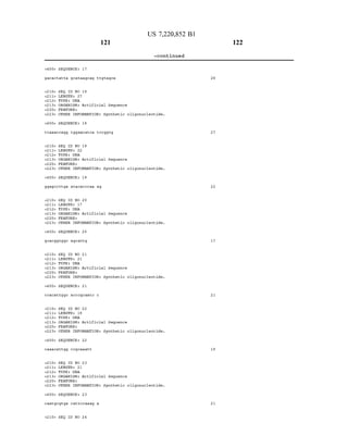 US 7,220,852 B1
121
-continued
<400 SEQUENCE: 17
gacactatta gcataagcag ttgtagca
<210> SEQ ID NO 18
&2 11s LENGTH 27
&212> TYPE DNA
<213> ORGANISM: Artificial Sequence
&220s FEATURE
<223> OTHER INFORMATION: Synthetic oligonucleotide.
<400 SEQUENCE: 18
ttaalaccagg toggaacatca tocggtg
<210 SEQ ID NO 19
<211& LENGTH 22
&212> TYPE DNA
<213> ORGANISM: Artificial Sequence
&220s FEATURE
<223> OTHER INFORMATION: Synthetic oligonucleotide.
<400 SEQUENCE: 19
ggagccttga atacacccaa ag
<210> SEQ ID NO 20
&2 11s LENGTH 17
&212> TYPE DNA
<213> ORGANISM: Artificial Sequence
&220s FEATURE
<223> OTHER INFORMATION: Synthetic oligonucleotide.
<400 SEQUENCE: 20
gCacggtggC agcattg
<210> SEQ ID NO 21
<211& LENGTH 21
&212> TYPE DNA
<213> ORGANISM: Artificial Sequence
&220s FEATURE
<223> OTHER INFORMATION: Synthetic oligonucleotide.
<400 SEQUENCE: 21
ccacattggc accogcaatc c
<210> SEQ ID NO 22
&2 11s LENGTH 19
&212> TYPE DNA
<213> ORGANISM: Artificial Sequence
&220s FEATURE
<223> OTHER INFORMATION: Synthetic oligonucleotide.
<400 SEQUENCE: 22
caaacattgg cc.gcaaatt
<210> SEQ ID NO 23
<211& LENGTH 21
&212> TYPE DNA
<213> ORGANISM: Artificial Sequence
&220s FEATURE
<223> OTHER INFORMATION: Synthetic oligonucleotide.
<400 SEQUENCE: 23
caatgcgtga cattccaaag a
<210> SEQ ID NO 24
28
27
22
17
21
19
21
122
 