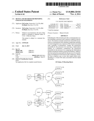 (12) United States Patent
Lavian et al.
USOO888O120B1
US 8,880,120 B1
*Nov. 4, 2014
(10) Patent No.:
(45) Date of Patent:
(54)
(71)
(72)
(*)
(21)
(22)
(51)
(52)
(58)
DEVICE AND METHOD FOR PROVIDING
ENHANCED TELEPHONY
Applicants:Tal Lavian, Sunnyvale, CA (US); Zvi
Or-Bach, San Jose, CA (US)
Inventors: Tal Lavian, Sunnyvale, CA (US); Zvi
Or-Bach, San Jose, CA (US)
Notice: Subject to any disclaimer, the term ofthis
patent is extended or adjusted under 35
U.S.C. 154(b) by 0 days.
This patent is Subject to a terminal dis
claimer.
Appl. No.: 13/939,181
Filed: Jul. 11, 2013
Int. C.
H04M I/00
H04M 3/493
U.S. C.
CPC ..................................... H04M 3/493 (2013.01)
USPC ........................................ 455/556.1: 704/275
Field of Classification Search
None
Seeapplication file forcomplete search history.
(2006.01)
(2006.01)
device
(Telephone)
6 14
12
06
evice
(Computer + WOP)
4.
(56) References Cited
U.S. PATENT DOCUMENTS
8,543.406 B2*
2003/OO74,198 A1*
2008/O169944 A1*
2010,OO16015 A1*
9/2013 Wu et al. ....................... 704/275
4/2003 Sussman ........ TO4/270.1
7/2008 Howarth et al. ................ 341.23
1/2010 Bubien, Jr. ................. 455,556.1
* cited by examiner
Primary Examiner—Maria El-Zoobi
(57) ABSTRACT
Embodiments oftheinventionprovidea communication sys
tem includinga processoranda memory coupled to the pro
cessor. The memory includes instructions executable by pro
cessorto communicatewithadatabasecomprisingaplurality
ofvisual integrated Voice response (IVR) menus associated
with a plurality of destinations. Further, the instructions
executable by the processor for receiving a dialed phone
number of a destination. Furthermore, the instructions
executable by the processor for comparing the dialed phone
numberwithphone numbers stored inthedatabase.Addition
ally,the instructions executablebytheprocessorfortransfer
ringto be displayeda form based on the comparison. Herein,
the form comprises one or more data request fields corre
sponding to a visual IVR menu associated with the dialed
destination.
20 Claims, 33 Drawing Sheets
88
Destinatio
108
1 estinatio
estination f
08
08
estinatio
Gateway
s
1883
Destination f
18
esitatics f
Oestination
8
estination f
 