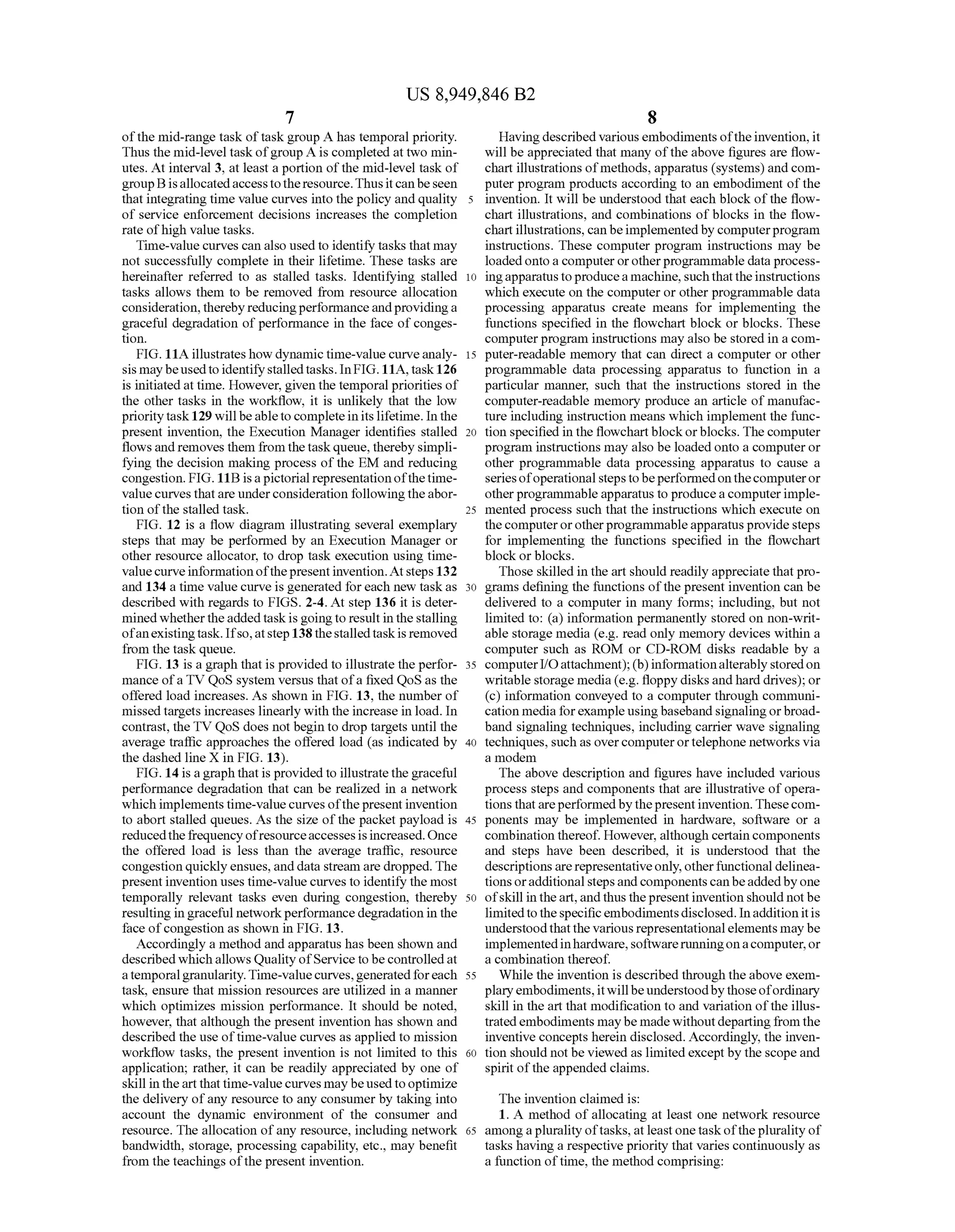 US 8,949,846 B2
7
ofthe mid-range task oftaskgroup A has temporal priority.
Thus the mid-level taskofgroup A is completed at two min
utes. At interval 3, at least a portion ofthe mid-level task of
groupB isallocatedaccesstotheresource.Thusitcanbeseen
that integrating time value curves into the policy and quality
of service enforcement decisions increases the completion
rate ofhigh value tasks.
Time-value curves can also used to identify tasks that may
not successfully complete in their lifetime. These tasks are
hereinafter referred to as stalled tasks. Identifying stalled
tasks allows them to be removed from resource allocation
consideration,therebyreducingperformanceandprovidinga
graceful degradation ofperformance in the face ofconges
tion.
FIG. 11A illustrates how dynamic time-value curveanaly
sis maybeusedtoidentifystalledtasks. InFIG.11A, task126
is initiated at time. However, given the temporal priorities of
the other tasks in the workflow, it is unlikely that the low
prioritytask129 willbeable tocomplete initslifetime. In the
present invention, the Execution Manager identifies stalled
flows andremoves them fromthetaskqueue,thereby simpli
fying the decision making process ofthe EM and reducing
congestion. FIG. 11B isa pictorial representationofthetime
valuecurves thatare underconsideration following theabor
tion ofthe stalled task.
FIG. 12 is a flow diagram illustrating several exemplary
steps that may be performed by an Execution Manager or
other resource allocator, to drop task execution using time
valuecurveinformation ofthepresentinvention.Atsteps 132
and 134 a time value curve is generated foreach new taskas
described with regards to FIGS. 2-4. At step 136 it is deter
minedwhethertheaddedtaskisgoingto result inthestalling
ofanexistingtask. Ifso,atstep 138thestalledtaskis removed
from the task queue.
FIG. 13 is a graph thatis provided to illustrate the perfor
mance ofa TV QoS system versus that ofa fixed QoS as the
offered load increases. As shown in FIG. 13, the number of
missed targets increases linearly with the increase in load. In
contrast, the TV QoS does not begin to drop targets until the
average traffic approaches the offered load (as indicated by
the dashed line X in FIG. 13).
FIG. 14 is agraph that is providedto illustrate the graceful
performance degradation that can be realized in a network
which implements time-valuecurvesofthepresent invention
to abort stalled queues. As the size ofthe packet payload is
reducedthefrequencyofresourceaccessesisincreased.Once
the offered load is less than the average traffic, resource
congestion quickly ensues, anddata stream are dropped. The
presentinvention uses time-value curves to identify the most
temporally relevant tasks even during congestion, thereby
resulting ingraceful networkperformancedegradation in the
face ofcongestion as shown in FIG. 13.
Accordingly a method and apparatus has been shown and
describedwhichallows Quality ofService to be controlledat
atemporalgranularity.Time-valuecurves,generatedforeach
task, ensure that mission resources are utilized in a manner
which optimizes mission performance. It should be noted,
however, that although the present invention has shown and
described the use oftime-value curves as applied to mission
workflow tasks, the present invention is not limited to this
application; rather, it can be readily appreciated by one of
skill in theart that time-valuecurves may be usedtooptimize
the delivery ofany resource to any consumer by taking into
account the dynamic environment of the consumer and
resource. The allocation ofany resource, including network
bandwidth, storage, processing capability, etc., may benefit
from the teachings ofthe present invention.
10
15
25
30
35
40
45
50
55
60
65
8
Havingdescribed various embodimentsoftheinvention, it
will be appreciated that many ofthe above figures are flow
chart illustrations ofmethods, apparatus (systems) and com
puter program products according to an embodiment ofthe
invention. It will be understood that each block ofthe flow
chart illustrations, and combinations ofblocks in the flow
chart illustrations, canbeimplementedby computerprogram
instructions. These computer program instructions may be
loadedonto a computer orotherprogrammable data process
ingapparatustoproduceamachine,suchthattheinstructions
which execute on the computer or other programmable data
processing apparatus create means for implementing the
functions specified in the flowchart block or blocks. These
computerprogram instructions may also be stored in a com
puter-readable memory that can direct a computer or other
programmable data processing apparatus to function in a
particular manner. Such that the instructions stored in the
computer-readable memory produce an article of manufac
ture including instruction means which implement the func
tion specified in the flowchartblockorblocks. The computer
program instructions may also be loaded onto a computer or
other programmable data processing apparatus to cause a
seriesofoperational stepstobeperformedonthecomputeror
otherprogrammableapparatus to producea computerimple
mented process such that the instructions which execute on
the computerorotherprogrammableapparatus providesteps
for implementing the functions specified in the flowchart
block or blocks.
Those skilled in the art should readily appreciate that pro
grams defining the functions ofthe present invention can be
delivered to a computer in many forms; including, but not
limited to: (a) information permanently stored on non-writ
able storage media (e.g. read only memory devices within a
computer such as ROM or CD-ROM disks readable by a
computerI/Oattachment); (b)informationalterablystoredon
Writable storage media(e.g. floppy disks andhard drives); or
(c) information conveyed to a computer through communi
cation mediaforexample usingbasebandsignaling orbroad
band signaling techniques, including carrier wave signaling
techniques, such as overcomputerortelephone networks via
a modem
The above description and figures have included various
process steps and components that are illustrative ofopera
tions thatareperformedbythepresentinvention. Thesecom
ponents may be implemented in hardware, Software or a
combination thereof. However, although certain components
and steps have been described, it is understood that the
descriptionsarerepresentativeonly,otherfunctional delinea
tionsoradditional stepsandcomponentscanbeaddedbyone
ofskill in the art, andthus thepresentinvention should notbe
limitedto thespecificembodimentsdisclosed. Inaddition itis
understoodthatthe various representationalelements maybe
implementedinhardware,softwarerunningonacomputer,or
a combination thereof.
While the invention is described through the above exem
plaryembodiments,itwillbe understoodbythoseofordinary
skill in the art that modification to and variation ofthe illus
trated embodiments maybe madewithoutdeparting from the
inventive concepts herein disclosed. Accordingly, the inven
tion should notbe viewed as limitedexceptby the scopeand
spirit ofthe appended claims.
The invention claimed is:
1. A method of allocating at least one network resource
among aplurality oftasks,at leastonetaskoftheplurality of
tasks having a respective priority that varies continuously as
a function oftime, the method comprising:
 