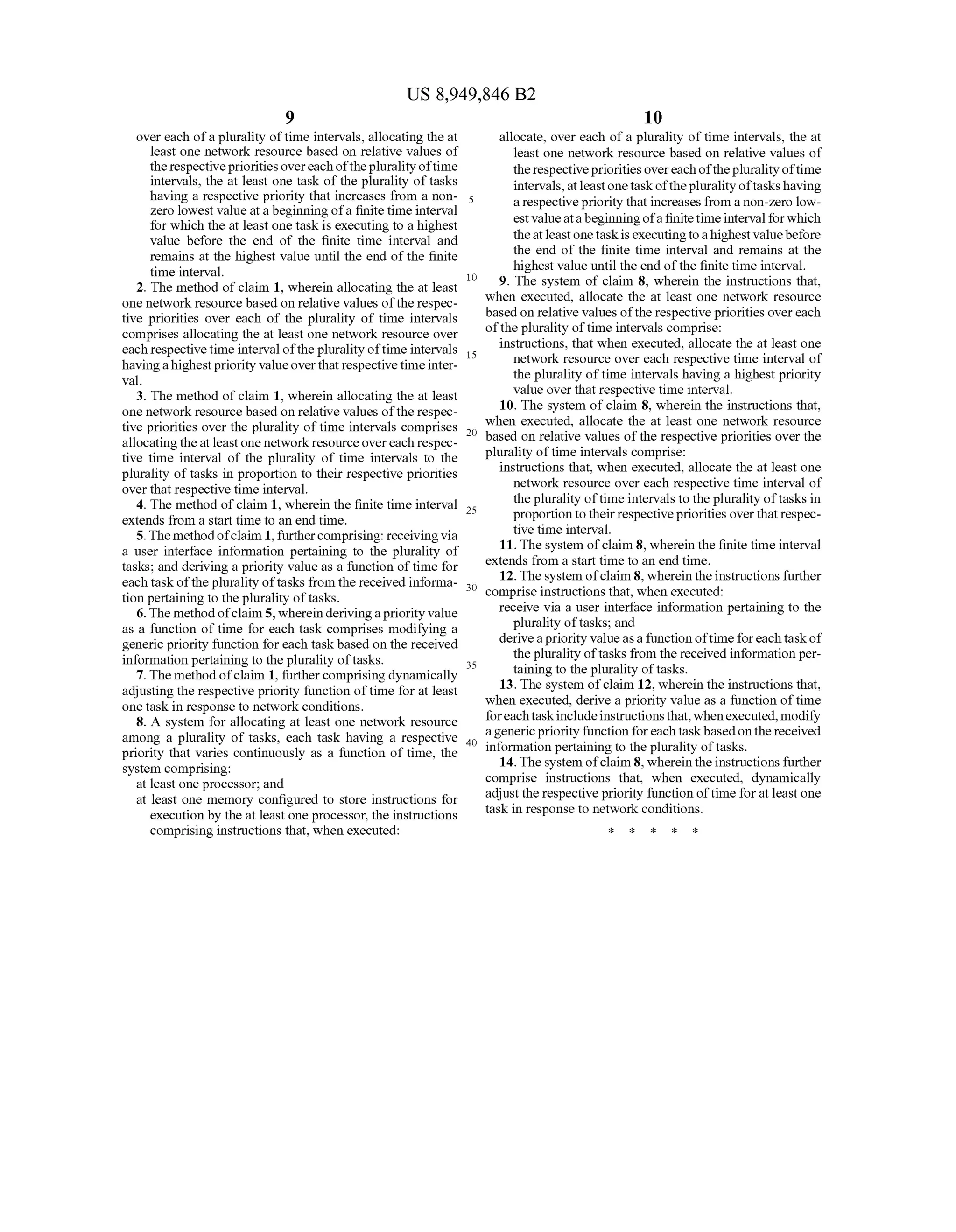 US 8,949,846 B2
over each ofa plurality oftime intervals, allocating the at
least one network resource based on relative values of
therespectiveprioritiesovereachofthepluralityoftime
intervals, the at least one task ofthe plurality oftasks
having a respective priority that increases from a non
Zero lowest valueat a beginningofa finite time interval
forwhich the at least one task is executing to ahighest
value before the end of the finite time interval and
remains at the highest value until the end ofthe finite
time interval.
2. The method ofclaim 1, wherein allocating the at least
onenetworkresource basedonrelativevalues oftherespec
tive priorities over each of the plurality of time intervals
comprises allocating the at least one network resource over
each respectivetime interval ofthepluralityoftimeintervals
havingahighestpriority valueoverthatrespectivetimeinter
val.
3. The method ofclaim 1, wherein allocating the at least
onenetworkresource based onrelativevalues oftherespec
tive priorities over the plurality oftime intervals comprises
allocatingtheatleastonenetworkresourceovereach respec
tive time interval of the plurality of time intervals to the
plurality oftasks in proportion to their respective priorities
over that respective time interval.
4. The method ofclaim 1, wherein the finite time interval
extends from a start time to an end time.
5.Themethodofclaim 1, furthercomprising:receivingvia
a user interface information pertaining to the plurality of
tasks; and deriving a priority value as a function oftime for
each taskofthe plurality oftasks from the received informa
tion pertaining to the plurality oftasks.
6.Themethodofclaim5,whereinderivingapriorityvalue
as a function oftime for each task comprises modifying a
generic priority function foreach task based on the received
information pertaining to the plurality oftasks.
7.Themethodofclaim 1, furthercomprisingdynamically
adjusting the respective priority function oftime for at least
one task in response to network conditions.
8. A system for allocating at least one network resource
among a plurality of tasks, each task having a respective
priority that varies continuously as a function of time, the
System comprising:
at least one processor; and
at least one memory configured to store instructions for
execution by the at least one processor, the instructions
comprising instructions that, when executed:
10
15
25
30
35
40
10
allocate, over each ofa plurality of time intervals, the at
least one network resource based on relative values of
therespectiveprioritiesovereachofthepluralityoftime
intervals,atleastonetaskofthepluralityoftaskshaving
a respectivepriority that increases from a non-zero low
est valueata beginningofafinitetimeinterval forwhich
theatleastonetaskisexecutingtoahighestvaluebefore
the end of the finite time interval and remains at the
highest value until the end ofthe finite time interval.
9. The system of claim 8, wherein the instructions that,
when executed, allocate the at least one network resource
basedon relative values oftherespectivepriorities overeach
ofthe plurality oftime intervals comprise:
instructions, that when executed, allocate the at least one
network resource over each respective time interval of
the plurality oftime intervals having a highest priority
value over that respective time interval.
10. The system ofclaim 8, wherein the instructions that,
when executed, allocate the at least one network resource
based on relative values ofthe respective priorities over the
plurality oftime intervals comprise:
instructions that, when executed, allocate the at least one
network resource over each respective time interval of
theplurality oftime intervals to thepluralityoftasks in
proportiontotheirrespectivepriorities overthatrespec
tive time interval.
11. The system ofclaim 8, wherein the finite timeinterval
extends from a start time to an end time.
12.Thesystem ofclaim 8, wherein theinstructions further
comprise instructions that, when executed:
receive via a user interface information pertaining to the
plurality oftasks; and
deriveapriority valueasa function oftime foreach taskof
thepluralityoftasks from thereceivedinformation per
taining to the plurality oftasks.
13. The system ofclaim 12, wherein the instructions that,
when executed, derive a priority value as a function oftime
foreachtaskincludeinstructionsthat,whenexecuted,modify
agenericpriority function foreachtaskbasedonthereceived
information pertaining to the plurality oftasks.
14.Thesystem ofclaim 8, wherein theinstructions further
comprise instructions that, when executed, dynamically
adjustthe respective priority function oftime forat least one
task in response to network conditions.
 