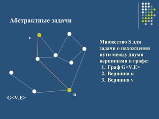 Абстрактные задачи
G<V,E>
u
v
Множество S для
задачи о нахождении
пути между двумя
вершинами в графе:
1. Граф G<V,E>
2. Вершина u
3. Вершина v
 