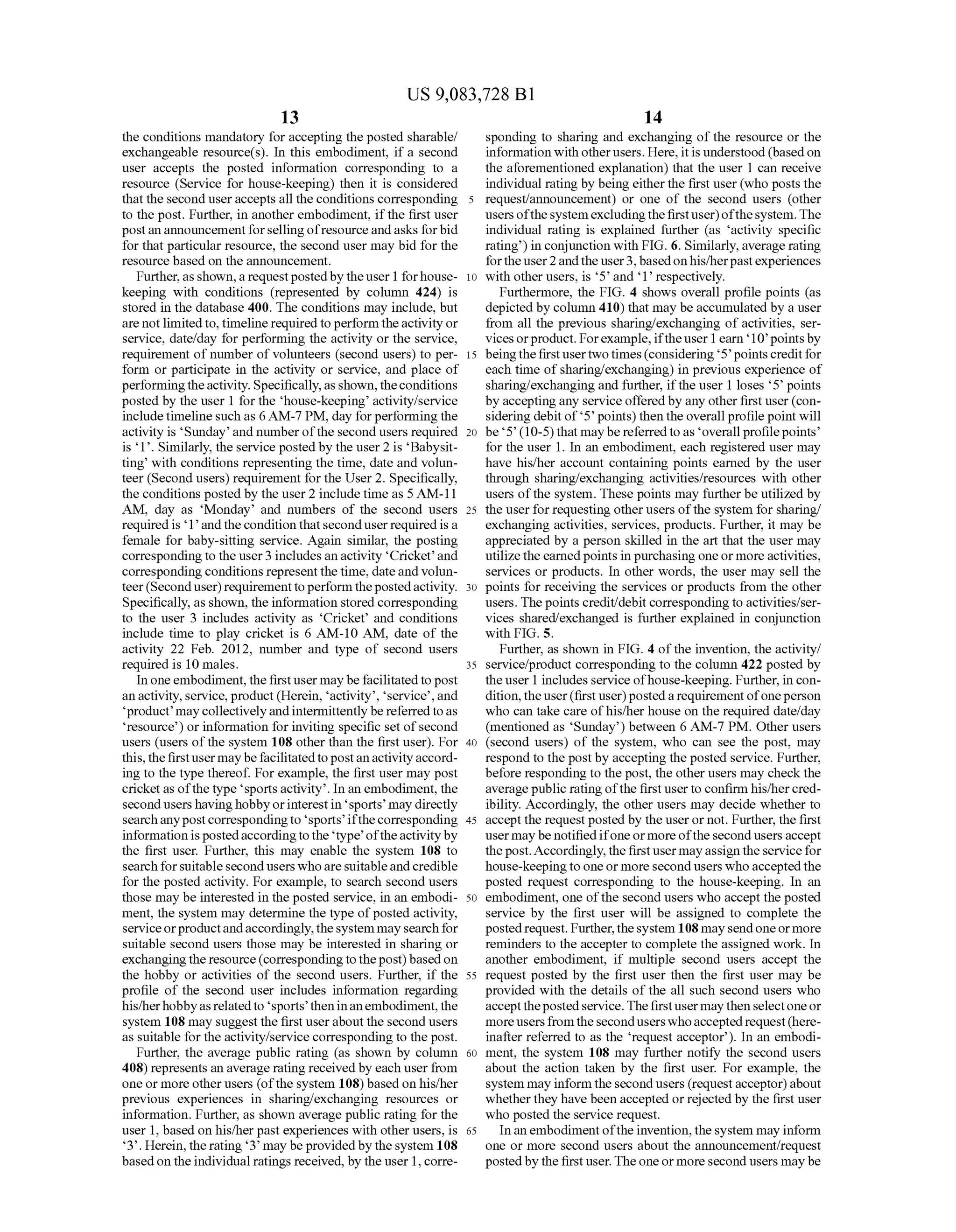 US 9,083,728 B1
13
the conditions mandatory for accepting the posted sharable/
exchangeable resource(s). In this embodiment, if a second
user accepts the posted information corresponding to a
resource (Service for house-keeping) then it is considered
thatthe second useraccepts all the conditions corresponding
to the post. Further, in another embodiment, ifthe first user
postan announcementforsellingofresourceandasks forbid
for that particular resource, the second user may bid for the
resource based on the announcement.
Further,as shown,a requestpostedbytheuser 1 forhouse
keeping with conditions (represented by column 424) is
stored in the database 400. The conditions may include, but
are notlimited to, timeline required toperform theactivity or
service, date/day for performing the activity or the service,
requirement of number ofVolunteers (second users) to per
form or participate in the activity or service, and place of
performingtheactivity. Specifically,asshown,theconditions
posted by the user 1 for the house-keeping activity/service
includetimelinesuch as 6 AM-7 PM, day forperforming the
activity is Sunday and numberofthe secondusers required
is 1. Similarly, the service posted by the user2 is Babysit
ting with conditions representing the time, date and Volun
teer (Second users) requirement for the User 2. Specifically,
the conditions posted by the user2 include time as 5 AM-11
AM, day as Monday and numbers of the second users
requiredis 1 andthe condition thatseconduserrequiredis a
female for baby-sitting service. Again similar, the posting
corresponding to the user3 includes an activity Cricket and
corresponding conditions representthe time, dateand Volun
teer(Seconduser)requirementtoperform thepostedactivity.
Specifically, as shown, the information stored corresponding
to the user 3 includes activity as “Cricket and conditions
include time to play cricket is 6 AM-10 AM, date of the
activity 22 Feb. 2012, number and type of second users
required is 10 males.
In oneembodiment, thefirstuser may be facilitatedtopost
an activity, service,product(Herein, activity, service,and
product maycollectivelyandintermittently be referredtoas
resource) or information for inviting specific set ofsecond
users (users ofthe system 108 other than the first user). For
this,thefirstusermaybefacilitatedtopostanactivityaccord
ing to the type thereof. For example, the first user may post
cricketas ofthe type sports activity. In an embodiment, the
second users havinghobbyorinterestin sports may directly
searchanypostcorrespondingto sports ifthecorresponding
information ispostedaccordingtothe type oftheactivityby
the first user. Further, this may enable the system 108 to
search forsuitable second users who are suitable and credible
for the posted activity. For example, to search second users
those may be interested in the posted service, in an embodi
ment, the system may determine the type ofposted activity,
serviceorproductandaccordingly,thesystem maysearch for
Suitable second users those may be interested in sharing or
exchangingthe resource(correspondingtothepost)basedon
the hobby or activities of the second users. Further, if the
profile of the second user includes information regarding
his/herhobbyas relatedto sports theninanembodiment,the
system 108 may suggest the first userabout the second users
as Suitable for the activity/service corresponding to the post.
Further, the average public rating (as shown by column
408) represents an average rating receivedby each user from
oneor more otherusers (ofthe system 108) based on his/her
previous experiences in sharing/exchanging resources or
information. Further, as shown average public rating for the
user 1, based on his/herpast experiences with other users, is
3. Herein, therating 3 may be providedby thesystem 108
basedon theindividual ratings received, by the user 1, corre
10
15
25
30
35
40
45
50
55
60
65
14
sponding to sharing and exchanging ofthe resource or the
information with otherusers. Here, itis understood(basedon
the aforementioned explanation) that the user 1 can receive
individual rating by being eitherthe first user(who posts the
request/announcement) or one of the second users (other
usersofthesystemexcludingthefirstuser)ofthesystem.The
individual rating is explained further (as activity specific
rating) in conjunction with FIG. 6. Similarly,average rating
fortheuser2andthe user3,basedonhis/herpastexperiences
with other users, is 5’ and 1 respectively.
Furthermore, the FIG. 4 shows overall profile points (as
depicted by column 410) that may be accumulated by a user
from all the previous sharing/exchanging ofactivities, Ser
vicesorproduct. Forexample,iftheuser 1 earn 10 pointsby
beingthefirstusertwotimes(considering 5 pointscreditfor
each time ofsharing/exchanging) in previous experience of
sharing/exchanging and further, ifthe user 1 loses 5 points
by acceptingany service offered by any otherfirst user(con
sidering debitof 5 points) then theoverall profile point will
be 5' (10-5)that maybe referredto as overallprofilepoints
for the user 1. In an embodiment, each registered user may
have his/her account containing points earned by the user
through sharing/exchanging activities/resources with other
users ofthe system. These points may further be utilized by
the user for requesting otherusers ofthe system for sharing/
exchanging activities, services, products. Further, it may be
appreciated by a person skilled in the art that the user may
utilizethe earnedpoints in purchasing oneormoreactivities,
services or products. In other words, the user may sell the
points for receiving the services or products from the other
users. Thepoints credit/debit correspondingto activities/ser
vices shared/exchanged is further explained in conjunction
with FIG. 5.
Further, as shown in FIG. 4 ofthe invention, the activity/
service/product corresponding to the column 422 posted by
the user 1 includes service ofhouse-keeping. Further, in con
dition,theuser(first user)postedarequirementofoneperson
who can take care ofhis/her house on the required date/day
(mentioned as Sunday) between 6 AM-7 PM. Other users
(second users) of the system, who can see the post, may
respond to the postby accepting the posted service. Further,
before responding to the post, the other users may check the
averagepublic rating ofthe firstuserto confirm his/hercred
ibility. Accordingly, the other users may decide whether to
accept the requestposted by the useror not. Further, the first
usermay be notifiedifone ormore ofthe second usersaccept
thepost.Accordingly,the firstusermayassigntheservicefor
house-keepingto one ormore second users whoacceptedthe
posted request corresponding to the house-keeping. In an
embodiment, one ofthe second users who accept the posted
service by the first user will be assigned to complete the
posted request. Further, thesystem 108 maysendoneormore
reminders to the accepter to complete the assigned work. In
another embodiment, if multiple second users accept the
request posted by the first user then the first user may be
provided with the details ofthe all such second users who
acceptthepostedservice.Thefirstusermaythenselectoneor
moreusersfromthe seconduserswhoacceptedrequest(here
inafter referred to as the request acceptor). In an embodi
ment, the system 108 may further notify the second users
about the action taken by the first user. For example, the
system may inform thesecondusers (requestacceptor) about
whether they have been accepted or rejected by the first user
who posted the service request.
Inanembodiment ofthe invention,thesystem may inform
one or more second users about the announcement/request
postedby the first user.Theoneor more second users may be
 