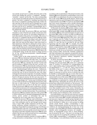 US 9,083,728 B1
11
user and the second users to confirm about the status of the
activity that whether the activity is completed, pending,
extended, expired and the like. The status corresponding
to anyactivity may definethesituation in which theactivity is
present. The status completed or pending may denote that
theactivity is completedorpending respectively. Further, the
days and time for the activity may be extended due to some
reasonsormutualconsentofeachmemberoftheactivitythen
the status may be set as extended. Correspondingly, any or
each membermay updatetheactivityinformationbyentering
the updated date therein.
Based on the status, the processor 304 may send timely
reminders to each ofthe first userand the second users (who
participated in the activity) for providing rating/review to
eachothermemberoftheactivity. Forexample,ifthestatusof
theactivity is completed then theprocessor304 may notify
each ofthe members to provide rating to each otherbasedon
their experiences in sharing the activity (cricket). Accord
ingly, each user may provide rating to other users based on
theirexperiences with others in sharing the activity (Such as
whileplayingthe cricket). Such ratings may add a value to
a user'sprofilethat may beconsideredto determine thecred
ibility oftheuser. Basedonactivity specificrating,anaverage
ratingmaybecalculatedby theprocessor304 that depicts the
overall public rating, for the user, based on ratings received
for all the activities/services/products shared/exchanged
between the users.
Further, based on the rating received by each user, the
processor 304 may determine credit points based on sharing
the activity, service, product with other users. For example,
basedon the rating receivedby a userforaparticularactivity,
the processor 304 may calculate the amount ofpoints that
may be credited or debited to/from the user's account. Fur
ther, theprocessor304 may determine thecreditpointsbased
onvariousfactorssuchasthetypeanddurationoftheactivity/
service shared/exchanged between the users. Furthermore,
the processor304 may credit/debit points to/from the user's
account that may be pre-set between the users who share/
exchangetheactivity/service/product.forexample, ifthefirst
usersharesapersonal item with otheruser(seconduser)then
based on the pre-set amount, the first user may receive 5’
pointsas acreditforsharingthepersonalitemwiththesecond
user. Correspondingly, the 5’points may bedebited from the
accountoftheseconduserforsharingthepersonalitem ofthe
first user. In other words, the 5’ points may be transferred
from the second user's account to the first user's account.
Further, the processor304 may senda notification to the first
userandtheseconduser(s)forcorrespondingcreditand debit
ofpre-setnumberofpointsbasedonsharingatleastoneofthe
activity, serviceorproductbetween them. Inanembodiment,
the processor304 may facilitateeach userofthe system 108
toutilizecreditpoints forsharing/exchanging/purchasingany
activity, service, product or information that may be
announced by one or more other users ofthe system.
Further the processor 304 may send notifications to each
user based on the activity performed corresponding to the
user. Such notification may be sent through various means
such as Email, SMS, profile notification and the like. The
profile notification includes notification to a user (corre
spondingtotheprofile)bypostingthe messageofnotification
within theprofile oftheuser. Forexample, theprocessor304
may sendemailsto first userandthe second users forprovid
ingratingtoeachother.Similarly,theprocessor304 maysend
emailstothe firstuserandthesecondusersforcorresponding
credit or debitofpre-set numberofpoints.
FIG. 4illustratesexemplary structureofa database400 for
storing information corresponding to users ofthe system, in
10
15
25
30
35
40
45
50
55
60
65
12
accordancewithanembodimentofthepresentinvention.The
database400 storesinformationcorrespondingtousersofthe
system 108. In an embodiment,theusersareregistered mem
bers ofthe system 108 having profile thereon. Based on the
registration,each usermaybeassignedwith auniqueuserID,
asrepresentedbyuserID402. Foreach user, thedatabase400
may store various information Such as profile information,
information corresponding to announcement, averagepublic
rating, profile points and the like, corresponding to the user.
As illustrated, the database400 includes columns contain
ing information Such as profile information 404, announce
ment/request406, average rating 408 andprofilepoints 410.
Thedatabase400 may storesuch informationforeach userof
thesystem 108. Further,as shown, row 412, row 414androw
416 representinformation correspondingtouser 1,user2and
user3 ofthe system 108 respectively. Here, user 1, user2and
user 3 represent user IDs. Further, for each user, the profile
information404 may include information correspondingto a
profile of a user that may be provided by the user while
registering with the system 108. For example, the profile
information 404 mayinclude,butis not restrictedto,personal
details,as representedbycolumn418, qualificationandother
information, as represented by column 420. The personal
details may include, butare notrestrictedto,information like
name, location, hobby, and the like. Similarly, qualification
and other information may represent non-personal informa
tion Suchas,butarenotrestrictedto,information correspond
ing to education, profession, industry, designation, and
achievements ofa user.
As shown, the personal details 418 (corresponding to the
user 1) include name A, location L1 and hobby H1.
Similarly, the personal details 418 ofthe user 2 represents
name B, location L2 andhobby H1 corresponding to the
user2. Again similar, name, location andhobby ofthe user3
are represented by C. L3 and H3. Here, it may be noted
that hobby ofthe user 2 is same as the hobby ofuser 3, as
shown by H1. Further, each user of the system 108 may
request orannounce an activity, service orproduct that may
besharable orexchangeable with one or more other users of
thesystem.As shown,column406 (forrequests orannounce
mentpostedbyusersofthesystem 108)includes information
corresponding toactivity, serviceorproductand correspond
ing conditions (as represented by column 422 and column
424 respectively). Hereinafter, the activity, the service orthe
productmaycollectivelybereferredtoas theresources.The
users maybefacilitatedtopostarequest orannouncementfor
sharingorexchangingatleastoneoftheresourceswithoneor
more other members (users) of the system. Hereinafter, the
userwho posts the requestorannouncement may be referred
toasthe firstuser andremainingregisteredmembers(users)
ofthe systems may be referred to as the second users.
Inanembodiment,auser(thefirstuser)maypost arequest
orannouncementforallthe secondusers(usersotherthanthe
first user)ofthe system 108. Inanotherembodiment, the first
user maypostarequest fora specific group ofpeople Such as
friends, relatives, business associates and the like. Each user
may be facilitated to define one or more groups by adding
specific people therein. Further, corresponding to each
requestorannouncement,thefirstusermay postone ormore
conditions for sharing/exchanging the at least one of the
resources.Thecolumn422storesdetailscorrespondingtothe
sharable and/or exchangeable resources, for example, as
shown, an exchangeable service Such as House Keeping
may be posted by the user 1. This post is for inviting one or
more second users foraccepting the conditions (as shown by
column 424) corresponding to exchangeable service i.e.
House Keeping. In anembodiment,thefirstuser may make
 