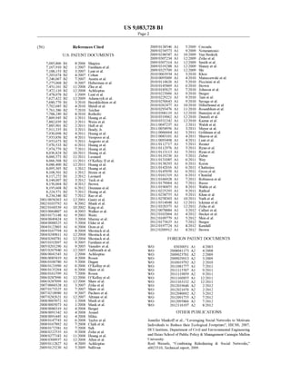 US 9,083,728 B1
Page 2
(56)
7,085,806
7,167,910
7,188,153
7,203,674
7,246,067
7,275,068
7,451,161
7,472,110
7,478,078
7,627,422
7,680,770
7,702,685
7,761,386
7,788,249
7,869,945
7,882,039
7,885,901
7,911,335
7,930,098
7,933,856
7,953,673
7,970.533
7.974.779
8,036,824
8,060,573
8,066,568
8,086400
8,095,305
8,108,501
8,117,272
8,144,007
8,156,064
8,195,668
8,224,571
8,234,346
2001/0056,363
2002/0103792
2002fO160339
2003,OO64807
2003/0171148
2004.0049424
2004/OO88325
2004/O122803
2004/O167794
2004/0249811
2004/026O781
2005/O192097
2005/02O1290
2005/0267940
2006,0041543
2006/0O85419
2006/0106780
2006/O121990
2006, O135264
2006/O161599
2006/0287096
2006/0287099
2007/0060328
2007/01733.25
2007/021898O
2007/0282621
2008.0005072
2008.0005073
2008, OO863.19
2008.009 1342
2008.009 1445
2008/O147743
2008.0167892
2008/O172381
2008/0222535
2008/02771.83
2008.O3OO937
2009/O112827
2009/O125230
References Cited
U.S. PATENT DOCUMENTS
B1
B2
B2
B2
B2
B2
B2
B2
B2
B2
B1
B2
B2
B2
B2
B2
B2
B1
B2
B2
B2
B2
B2
B2
B2
B2
B2
B2
B2
B1
B2
B2
B2
B2
B2
A1
A1
A1
A1
A1
A1
A1
A1
A1
A1
A1
A1
A1
A1
A1
A1
A1
A1
A1
A1
A1
A1
A1
A1
A1
A1
A1
A1
A1
A1
A1
A1
A1
A1
A1
A1
A1
A1
A1
8, 2006
1/2007
3,2007
4, 2007
7/2007
9,2007
11,2008
12,2008
1/2009
12,2009
3,2010
4,2010
T/2010
8, 2010
1,2011
2,2011
2,2011
3,2011
4,2011
4,2011
5, 2011
6,2011
T/2011
10,2011
11,2011
11,2011
12,2011
1,2012
1,2012
2,2012
3/2012
4,2012
6, 2012
T/2012
T/2012
12,2001
8, 2002
10,2002
4,2003
9,2003
3,2004
5, 2004
6,2004
8, 2004
12,2004
12,2004
9,2005
9,2005
12,2005
2,2006
4,2006
5, 2006
6,2006
6,2006
T/2006
12,2006
12,2006
3,2007
7/2007
9,2007
12,2007
1,2008
1,2008
4,2008
4,2008
4,2008
6,2008
T/2008
T/2008
9,2008
11,2008
12,2008
4,2009
5/2009
Shapira
Farnham et al.
Lunt et al.
Cohen
Austin et al.
Huberman et al.
Zhu et al.
Achlioptas
Lunt et al.
Adamczyket al.
Buyukkokten et al.
Shrufi et al.
Teicher
Rotholtz
Huang etal.
Weiss et al.
Hull et al.
Brady, Jr.
Huang etal.
Verspooret al.
Augusto etal.
Huang etal.
Huang etal.
Huang etal.
Leonard
O'Kelley, II et al.
Huang etal.
Huang etal.
Birnie et al.
Leonard
Tucket al.
Brown
Drennan et al.
Huang etal.
Rao et al.
Gantz et al.
Blank et al.
King etal.
Walker et al.
Weitz
Murray etal.
Elder et al.
Dometal.
Shostack et al.
Shostack et al.
Shostack et al.
Farnham et al.
Vasudev et al.
Galbreath et al.
Achlioptas
Rosen
Dagan
O'Kelleyet al.
Shaw et al.
Rosen
O'Kelleyet al.
Shaw et al.
Zrike et al.
Shaw et al.
Pachnis et al.
Altman et al.
Meek et al.
Meek et al.
Berger
Assael
Mihic
Tayloret al.
Clark et al.
Suh
Zrike et al.
Huang etal.
Allen et al.
Achlioptas
Sullivan
2009, O138546 A1 5/2009 Cruzada
2009/0234573 A1 9,2009 Notarantonio
2009,0248587 A1 10,2009 Van Buskirk
2009/0307234 A1 12/2009 Zrike et al.
2009/0307314 A1 12/2009 Smith et al.
2009/0319288 Al 12/2009 Slaney et al.
2009/0325,709 A1 12,2009 Shi
2010 OO63934 A1 3/2010 Khoo
2010/0095.009 A1 4/2010 Matuszewski et al.
2010.0114626 A1 5,2010 Piccinini et al.
2010, 0145869 A1 6,2010 Brown
2010.0185625 A1 7/2010 Johnson et al.
2010/0223066 A1 9/2010 Berger
2010/0229221 A1 9/2010 Tam et al.
2010, O250643 A1 9/2010 Savage etal.
2010/0262477 A1 10,2010 Hillerbrand et al.
2010/0293476 A1 11/2010 Rosenblum et al.
2010/0306119 A1 12/2010 Banerjee et al.
2010/0319062 A1 12/2010 Danieli et al.
2010/0332242 A1 12/2010 Kamar et al.
2011/OO47237 A1 2/2011 Walsh et al.
2011/0054956 A1 3/2011 Meyeret al.
2011/0066664 A1 3/2011 Goldman et al.
2011, 0083101 A1 4/2011 Sharon et al.
2011/0093498 A1 4/2011 Lunt et al.
2011/O112717 A1 5,2011 Resner
2011 0112976 A1 5/2011 Ryan et al.
2011/0113113 A1 5/2011 Ryan et al.
2011 0119230 A1 5,2011 Zuber
2011 0131085 A1 6/2011 Wey
2011 0138293 A1 6,2011 Koren
2011/O142016 A1 6/2011 Chatterjee
2011 0145050 A1 6/2011 Gross et al.
2011/O161319 A1 6,2011 Chunilal
2011 0166928 A1 7/2011 Robinson et al.
2011/0179064 A1 7/2011 Russo
2011 O196855 A1 8, 2011 Wable et al.
2011/0225,293 A1 9,2011 Rathod
2011/0238755 A1 9,2011 Khan et al.
2011/0258.303 A1 10,2011 Nath et al.
2011/0314048 A1 12/2011 Ickman et al.
2011/0320375 A1 12/2011 Zrike et al.
2012/0078884 A1 3/2012 Callarietal.
2012/0102064 A1 4/2012 Becker et al.
2012/0109779 A1 5,2012 Shin et al.
2012/0173625 A1 7/2012 Berger
2012/O1977 24 A1 8,2012 Kendall
2012/02099.12 A1 8,2012 Brown
FOREIGN PATENT DOCUMENTS
WO O3O30051 A1 4/2003
WO 2008041173 A2 4/2008
WO 2009023701 A2 2,2009
WO 2009029913 A2 3,2009
WO 2010O19792 A2 2,2010
WO 201108.1777 A1 T 2011
WO 2011 115507 A1 9,2011
WO 2011 119859 A2 9,2011
WO 2011 160855 A1 12/2011
WO 2011 163132 A2 12/2011
WO 2012019646 A2 2,2012
WO 2012021676 A2 2,2012
WO 2012040692 A2 3,2012
WO 2012091735 A2 T 2012
WO 2012095866 A2 T 2012
WO 2012116.197 A2 8,2012
OTHER PUBLICATIONS
Jennifer Mankoffet al., “Leveraging Social Networks to Motivate
Individuals to Reduce their Ecological Footprints', HICSS, 2007.
HCI Institute, Department ofCivil and Environmental Engineering
and Heinz School ofPublic Policy & Management Carnegie Mellon
University.
Roel Wessels, “Combining Ridesharing & Social Networks.”
s0023310, Technical report, 2009.
 