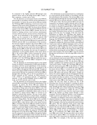 US 9,690,877 B1
21
be connected to the ZigBee network 120 through some
gateway device Such as the bridge device 128, a router, a
hub, a gateway, a Switch, and so forth.
FIG. 2E illustrates an environment based on the WiMAX
network 122, in accordance with the second embodiment of 5
the invention. As shown, the access device 116 may include
theVMThings 108 for displaying a visual access menu oran
enhanced visual access menu including one or more service
optionsatthe display device 118. Theaccess device 116 may
connect to theservices 202a-n through the WiMAX network
122 Examples of the services 202a-n include, but are not
limited to, banking services, travel services, entertainment
services, railways services, movies services, restaurants, and
so forth. In an embodiment of the invention, the services
202a-n may be connected to the WiMAX network 122
through a local network such as a LAN, an NFC network,
and so forth. The local network 126 may be connected to the
WiMAX network 122. In an embodiment of the invention,
the user may require to registerto the services 202a-n or do
Some settings at the access device 116 orthe remote devices
106a-n, so that the user may control the services 202a-n (or
remote devices 106a-n) from the access device 116. In an
embodiment of the invention, the user may be required to
authenticate or prove his/her identity at the access device
116 or the services 202a-n before accessing the services
202a-n. The user may access visual access menus and
enhanced visual access menus at the access device 116
through a GUI. The VMThings 108 may enable the user to
access and control the services 202a-n irrespective of the
location of the user.
FIG. 2F illustrates an environment based on the Global
System for Mobile Communication (GSM) network 124, in
accordance with the second embodiment of the invention.
As shown the access device 116 may be connected to the
services 202a-n through the GSM network 124. Though not
shown, but a person skilled in the art will appreciatethat the
access device 116 may be connected to the services 202a-n
through other networks, such as, but are not limited to, an
RF4CE network, an NFC network, an HSPA network, a
LAN, a WAN, a 3" generation network, a 4" generation
network, a Code Division Multiple Access (CDMA) net
work, an EV-DO network, and so forth.
FIG. 2G illustrates an environment based on the ZigBee
network 120, in accordance with the first embodiment ofthe
invention. As shown, the device 102 may include the
VMThings 108 forconfiguring orcustomizing ordisplaying
an Internet ofThings menu at the device 102 by a user. The
Internet ofThings menu may include representations ofone
or more recognizable or identifiable objects such as, but are
not limited to, remote devices 106a-n or services in an
Internet or network like structure. The one or more identi
fiable objects may be physical or virtual objects. Agraphical
userinterface (GUI) may be usedby the userforcreating the
Internet ofThings Menu. The device 102 can be a portable
device capable of communicating and connecting to the
network 104 or other devices such as the remote devices
106a-n. Example ofthe device 102 may include, butare not
limited to, a mobile phone, a telephone, a Smart phone, a
computer, a personal digital assistant (PDA), a tablet com
puter, a laptop, and so forth. A user ofthe device 102 may
access to the services 106a-n by using the VMThings 108
through the GUI at the device 102. Further, the device 102
may be connected to the services 202a-n through the ZigBee
network 120. In an embodiment ofthe invention, the device
102 may be connected to other wireless network such as the
WiMAX network 122, as shown in FIG. 2H.
10
15
25
30
35
40
45
50
55
60
65
22
FIG.2I illustrates an environment based on a combination
ofa local network and the Internet, in accordance with the
first embodiment ofthe invention. The services 202a-n may
be interconnected through the local network 126. The local
network 126 can be a private network, a wireless network,
a VPN and so forth. The local network 126 in turn may be
connected to an external or public network Such as, but are
not limited to, the Internet 130 through a bridge device 128
orarouter, ora Switch oragateway device,and so forth. The
user of the device 102 may connect or access the services
202a-n through the Internet 130. Further, theVMThings 108
may display information about services in a preferred lan
guage set by the user. For example, if the user wants the
information in English, the VMThings may display the
information about the services 202a-n in English language,
and ifthe user is interested in getting information in Spanish
language, the VMThings may display the information about
the services 202a-n in Spanish language. VMThings is
configured to displaythe visualaccess menu orthe enhanced
visual access menu in different languages such as, but are
not limited to, English, Spanish, French, German, Sanskrit,
Hindi, and so forth. Further, the user may have to register
himselfor the device 102 (or the access device 116) at the
website before accessing the services 202a-n. In an embodi
ment ofthe invention, the services 202a-n may be accessed
through the web browser or the web page 110 as shown in
FIG. 2B
FIG. 3A illustrates an exemplary visual access menu 3.08
and an enhanced visual access menu 310 at a device 102, in
accordance with the first embodiment of the invention. As
discussed with reference to FIG. 1A, the device 102 may
include a graphical user interface (GUI) for accessing the
visual access menus. Further, the VMThings 108 may dis
play the visual access menu 308 (or the Internet ofThings
menu) at the device 102 so as to enable the user to control
the remote devices 106a-n. A visual access menu 3.08 may
include one or more options. The options may be a remote
devices 302 option and services 304 option. Though not
shown, but a person skilled in the art will appreciatethatthe
visual access menu 308 (or the Internet of Things menu)
may include more than two options. Auserofthedevice 102
may select an option of these options from the displayed
visual access menu 308 (or the Internet ofThings menu).
Further, the user may select an option by any of the
following ways, but are not limited to, touching an option,
through a voice command, through a gesture or hand move
ment, through an audio input, by pressing one or more keys
at the device 102, and so forth. Further, the VMThings 108
may use voice recognition to enable the user to make
selection ofan option or icon from the visual access menu
308 (or the Internet of Things menu) through a voice
command. The device 102 may include a Voice recognition
module to process and analyze the voice command(s).
Thereafter, an enhanced visual access menu 310 (or an
enhanced Internet ofThings menu) may be displayed based
on the selection ofthe option from the visual access menu
308. For example, ifthe userhas selected the remotedevices
302 option, then the enhanced visual access menu 310
including one or more device options 306a-n may be dis
played to the userat the device 102. The oneor more device
options may include options corresponding to the remote
devices 106a-n such as, but are not limited to, a vehicle
306a, an air conditioner (AC) 306b, camera 306c, micro
wave306n, and so forth. Theusermay selecta deviceoption
of the device options 306a-n. For example, the user may
select and control a microwave by selecting the microwave
option 306n. For example, if the user may control the
 