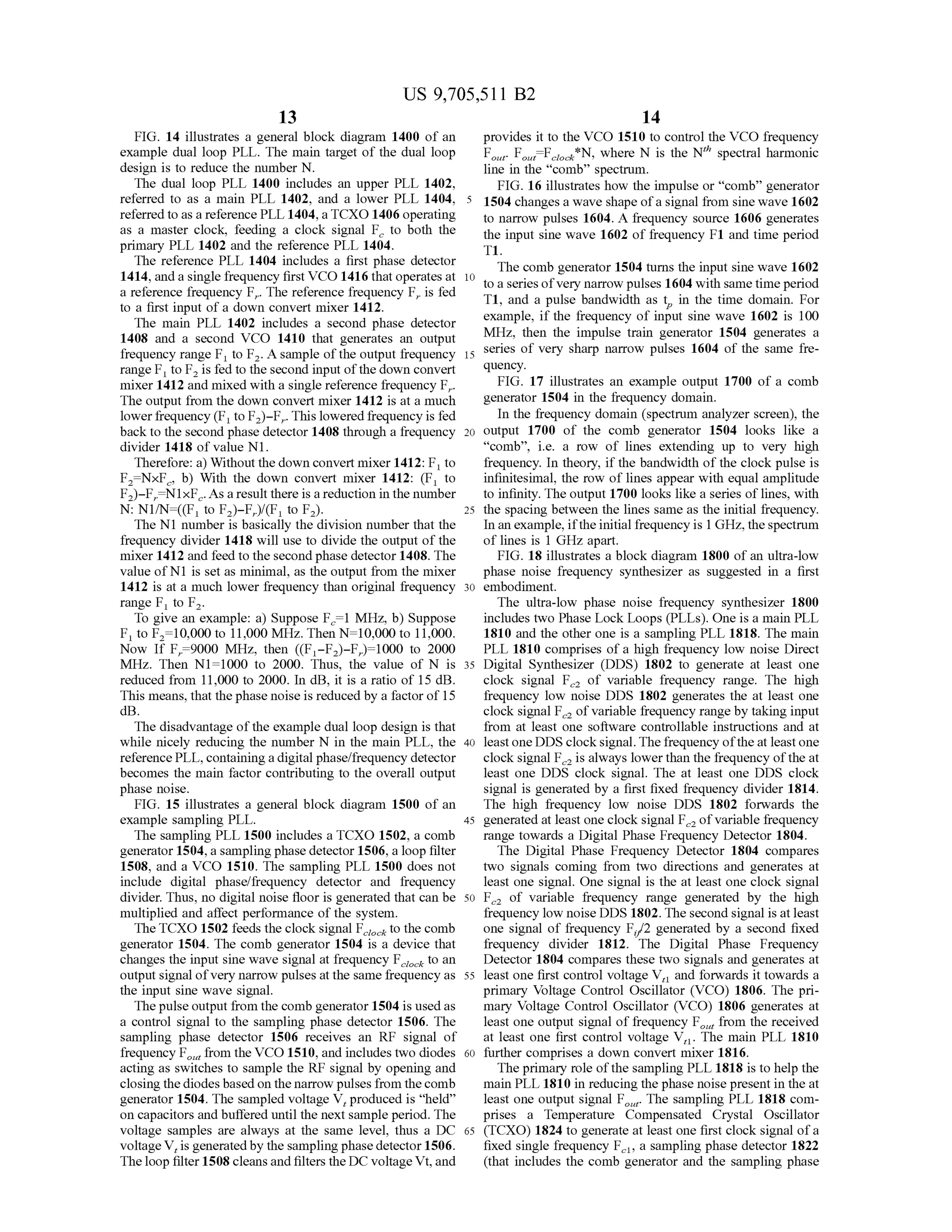 US 9,705,511 B2
13
FIG. 14 illustrates a general block diagram 1400 of an
example dual loop PLL. The main target of the dual loop
design is to reduce the number N.
The dual loop PLL 1400 includes an upper PLL 1402,
referred to as a main PLL 1402, and a lower PLL 1404,
referred to as a reference PLL 1404, a TCXO 1406 operating
as a master clock, feeding a clock signal F to both the
primary PLL 1402 and the reference PLL 1404.
The reference PLL 1404 includes a first phase detector
1414, anda single frequency first VCO 1416 thatoperates at
a reference frequency F. The reference frequency F, is fed
to a first input ofa down convert mixer 1412.
The main PLL 1402 includes a second phase detector
1408 and a second VCO 1410 that generates an output
frequency range F to F. A sample ofthe output frequency
range F to F is fed to the second input ofthe down convert
mixer 1412 and mixed with a single reference frequency F.
The output from the down convert mixer 1412 is at a much
lowerfrequency (F to F)-F. This lowered frequency is fed
back to the second phase detector 1408 through a frequency
divider 1418 of value N1.
Therefore: a) Without the down convert mixer 1412: F to
F=NXF, b) With the down convert mixer 1412: (F to
F)-F.-N1xF. As a resultthere is a reduction in the number
N: N1/N=((F to F)-F)/(F to F).
The N1 number is basically the division number that the
frequency divider 1418 will use to divide the output ofthe
mixer 1412 and feed to the second phase detector 1408. The
value ofN1 is set as minimal, as the output from the mixer
1412 is at a much lower frequency than original frequency
range F1 to F.
To give an example: a) Suppose F.1 MHz, b) Suppose
F, to F=10,000 to 11,000 MHz. Then N=10,000 to 11,000.
Now If F =9000 MHz, then ((F-F)-F)=1000 to 2000
MHz. Then N1=1000 to 2000. Thus, the value of N is
reduced from 11,000 to 2000. In dB, it is a ratio of 15 dB.
This means, that thephase noise is reduced by a factorof 15
dB.
The disadvantage ofthe example dual loop design is that
while nicely reducing the number N in the main PLL, the
reference PLL, containing a digital phase/frequency detector
becomes the main factor contributing to the overall output
phase noise.
FIG. 15 illustrates a general block diagram 1500 of an
example sampling PLL.
The sampling PLL 1500 includes a TCXO 1502, a comb
generator 1504,a samplingphase detector 1506, a loop filter
1508, and a VCO 1510. The sampling PLL 1500 does not
include digital phase/frequency detector and frequency
divider. Thus, no digital noise floor is generated that can be
multiplied and affect performance ofthe system.
The TCXO 1502 feeds the clock signal F to the comb
generator 1504. The comb generator 1504 is a device that
changes the input sine wave signal at frequency F to an
output signal ofvery narrow pulses at the same frequency as
the input sine wave signal.
The pulseoutput from the comb generator 1504 is usedas
a control signal to the sampling phase detector 1506. The
sampling phase detector 1506 receives an RF signal of
frequency F from the VCO 1510, and includes two diodes
acting as Switches to sample the RF signal by opening and
closingthediodes based on the narrow pulses from the comb
generator 1504. The sampled voltage V, produced is “held”
on capacitors and buffered until the next sample period. The
Voltage samples are always at the same level, thus a DC
voltageV, is generatedby the samplingphase detector 1506.
The loop filter 1508 cleansand filters the DC voltage Vt,and
10
15
25
30
35
40
45
50
55
60
65
14
provides it to the VCO 1510 to control the VCO frequency
F. F. F*N, where N is the N" spectral harmonic
line in the “comb' spectrum.
FIG. 16 illustrates how the impulse or “comb' generator
1504 changes a wave shape ofa signal from sine wave 1602
to narrow pulses 1604. A frequency source 1606 generates
the input sine wave 1602 offrequency F1 and time period
T1.
The comb generator 1504 turns the input sine wave 1602
to a series ofvery narrow pulses 1604 with sametimeperiod
T1, and a pulse bandwidth as t in the time domain. For
example, if the frequency of input sine wave 1602 is 100
MHz, then the impulse train generator 1504 generates a
series of very sharp narrow pulses 1604 of the same fre
quency.
FIG. 17 illustrates an example output 1700 of a comb
generator 1504 in the frequency domain.
In the frequency domain (spectrum analyzer Screen), the
output 1700 of the comb generator 1504 looks like a
“comb’, i.e. a row of lines extending up to very high
frequency. In theory, if the bandwidth ofthe clock pulse is
infinitesimal, the row of lines appear with equal amplitude
to infinity. The output 1700 looks like a series oflines, with
the spacing between the lines same as the initial frequency.
In an example, iftheinitial frequency is 1 GHZ, the spectrum
of lines is 1 GHz apart.
FIG. 18 illustrates a block diagram 1800 ofan ultra-low
phase noise frequency synthesizer as Suggested in a first
embodiment.
The ultra-low phase noise frequency synthesizer 1800
includes two Phase Lock Loops (PLLs). One is a main PLL
1810 and the other one is a sampling PLL 1818. The main
PLL 1810 comprises ofa high frequency low noise Direct
Digital Synthesizer (DDS) 1802 to generate at least one
clock signal F of variable frequency range. The high
frequency low noise DDS 1802 generates the at least one
clock signal F ofvariable frequency range by taking input
from at least one software controllable instructions and at
leastone DDS clocksignal. The frequency oftheat leastone
clock signal F is always lowerthan the frequency ofthe at
least one DDS clock signal. The at least one DDS clock
signal is generated by a first fixed frequency divider 1814.
The high frequency low noise DDS 1802 forwards the
generated at least one clock signal F ofvariable frequency
range towards a Digital Phase Frequency Detector 1804.
The Digital Phase Frequency Detector 1804 compares
two signals coming from two directions and generates at
least one signal. One signal is the at least one clock signal
F of variable frequency range generated by the high
frequency low noise DDS 1802. The second signal is atleast
one signal of frequency F/2 generated by a second fixed
frequency divider 1812. The Digital Phase Frequency
Detector 1804 compares these two signals and generates at
least one first control Voltage V, and forwards it towards a
primary Voltage Control Oscillator (VCO) 1806. The pri
mary Voltage Control Oscillator (VCO) 1806 generates at
least one output signal offrequency F from the received
at least one first control voltage V. The main PLL 1810
further comprises a down convert mixer 1816.
The primary role ofthe sampling PLL 1818 is to help the
main PLL 1810 in reducing the phase noise present in the at
least one output signal F. The sampling PLL 1818 com
prises a Temperature Compensated Crystal Oscillator
(TCXO) 1824 to generate at least one first clock signal ofa
fixed single frequency F, a sampling phase detector 1822
(that includes the comb generator and the sampling phase
clock
 
