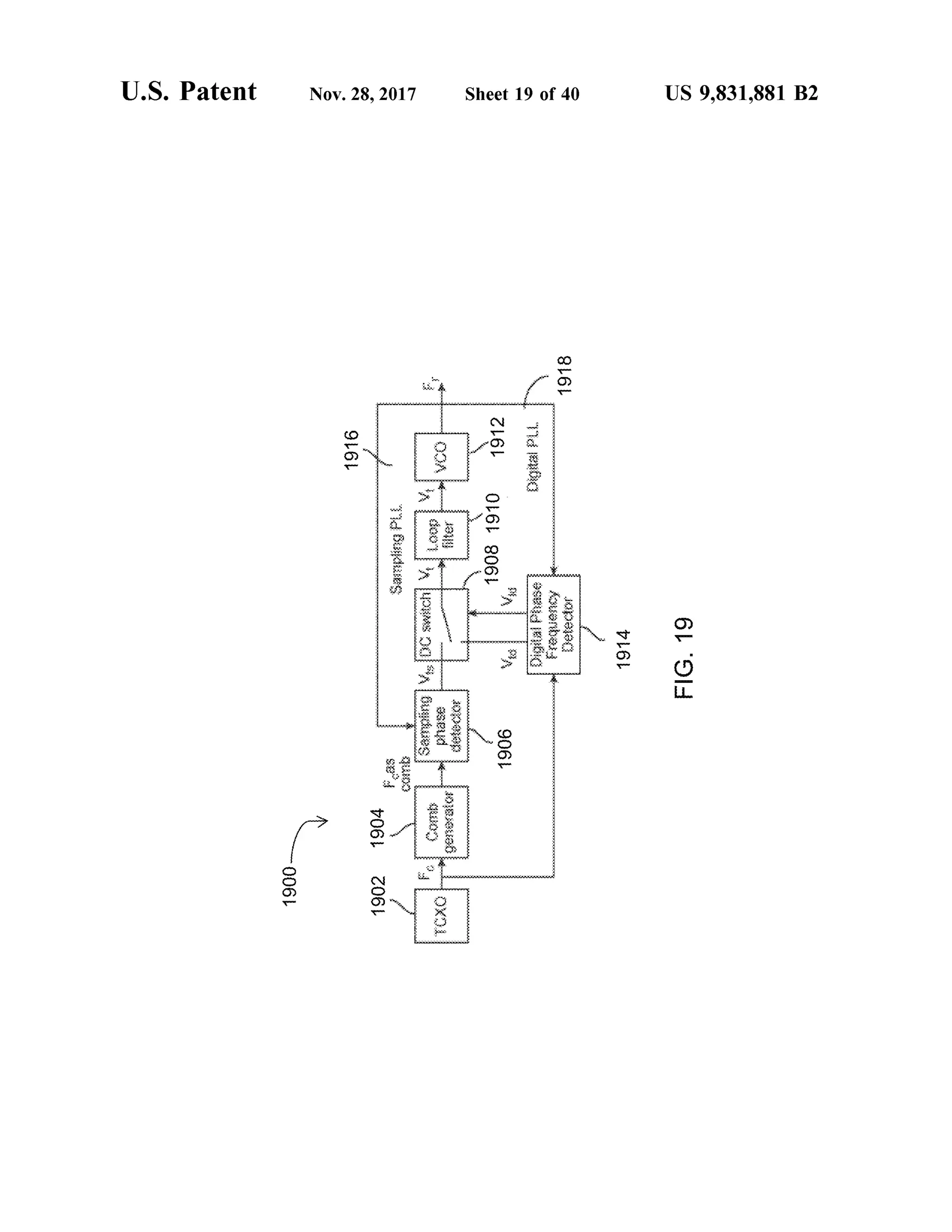 U .S . Patent
1900
1916
Nov.28,2017
1902
III-ILLILILI-II-II-ILLILI-LII.
fas
1904
SamplingPL
comb
Comb
GamingVSDCswitchLoopL
M135
generator
Olter
détector
CXOLO
www
VCO
19081910
1906
1912
Sheet 19 of 40
DigitalPLL
0000000000000000000000000000000000000OCCA
DigialphraseFrequencyDetector
1918
1914 FIG.19
US 9,831,881 B2
 
