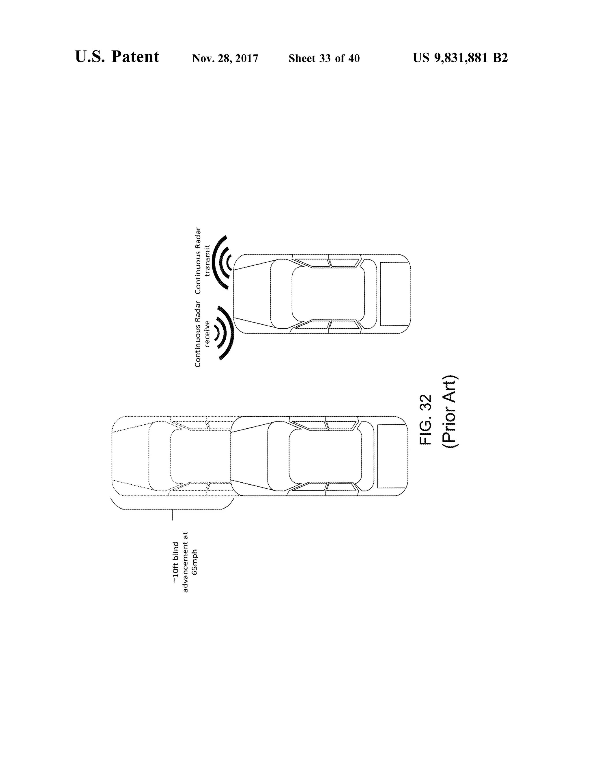 U .S. Patent Nov.28,2017 Sheet 33 of 40 US 9,831,881 B2
entransmit
ContinuousRadarContinuousRadar
receive
FIG.32 (PriorArt)
arebooks10ftblindadvancementat65mph
 