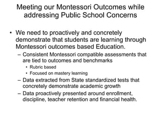 Meeting our Montessori Outcomes while addressing Public School Concerns ,[object Object],[object Object],[object Object],[object Object],[object Object],[object Object]