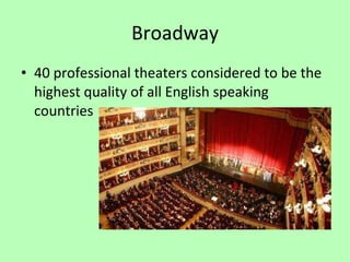 Broadway 40 professional theaters considered to be the highest quality of all English speaking countries 