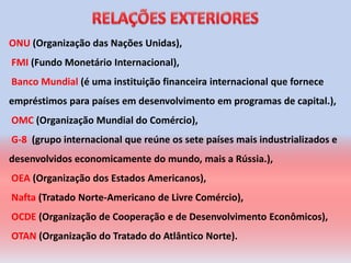 ONU (Organização das Nações Unidas),
FMI (Fundo Monetário Internacional),
Banco Mundial (é uma instituição financeira internacional que fornece
empréstimos para países em desenvolvimento em programas de capital.),
OMC (Organização Mundial do Comércio),
G-8 (grupo internacional que reúne os sete países mais industrializados e
desenvolvidos economicamente do mundo, mais a Rússia.),
OEA (Organização dos Estados Americanos),
Nafta (Tratado Norte-Americano de Livre Comércio),
OCDE (Organização de Cooperação e de Desenvolvimento Econômicos),
OTAN (Organização do Tratado do Atlântico Norte).
 