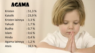 Agama
Kristen : 51,3 %
Katolik : 23,9 %
Kristen lainnya : 3,3 %
Yahudi : 1,7 %
Budha : 0,7 %
Islam : 0,6 %
Hindu : 0,4 %
Agama lainnya : 1,2 %
Ateis : 16,1 %
 