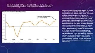 It is likely that US GDP growth in H2 2013 was ~3.5%, close to the
strongest rate of growth we have seen since the financial crisis.
Improving US growth prospects keep us upbeat
on the outlook for the US dollar. The trade-
weighted value of the US dollar tends to trade in
broad 6-10 year cycles, with changes in
valuation ranging between 20- 50%. While there
is reason to suspect this cycle will see a more
muted rise in the trade-weighted value of the US
dollar (not least because the Chinese renminbi,
which comprises 21% of the US trade-weighted
index, remains undervalued despite its recent
appreciation to record levels against the US
dollar), we believe 2014 will see an environment
of US dollar strength. Most notably, against
commodity sensitive currencies (CAD, AUD),
the Japanese yen (JPY) and selective emerging
markets currencies (Brazilian real, Russian
rouble, Chilean peso), in the case of which
valuations need to adjust further in order for
these economies to achieve the necessary
rebalancing.
 