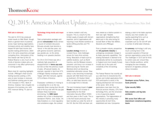 Spring
Q1,2015:AmericasMarketUpdateJustindeFerry,ManagingPartner,omsonKeene,NewYork.
Technology hiring trends and major
topics.
Total compensation packages and
general remuneration trends remain
a source of constant discussion.
Bonuses actually have become a
‘bonus’ in the past few years, but
with general economic optimism,
pay packets are, on the whole,
heading in an upwards direction.
For 2014-2015 there was still a
relatively high proportion of
disappointment in bonus pay-outs,
but less so than the previous couple
of years. eFinancial Careers, for
example, reported in April that 47%
of Morgan Stanley employees were
‘happy’ with their bonuses, against
22% at Bank of America.
Employees’ confidence in moving to
a competing firm is on the rise,
especially those moving from the sell
side to the buy side with the pay gap
between these businesses
diminishing. For SME talent,
whether this is from a development
standpoint (Python, Java, Scala, C#,
Data Analytics) or a more regulatory
and compliance angle, the contract
Skill sets in demand.
The start to 2015 has produced
mixed results on Wall Street, though
there’s a general trend of positivity
across major banking organisations.
Increased activity and volatility have
helped lift both fixed income and
equities trading performance, albeit
not in the same proportions amongst
competing firms. Anticipation of the
first interest rate hike by the US
Federal Reserve is very much on the
minds of decision-makers who are
concerned it may affect performance
in coming quarters.
Macro level Q1 reporting highlights
include: JPMorgan’s fixed income
trading business posting a 20%
year-on-year increase in revenues
and Goldman posting year-on-year
10% increases in FICC. Bank of
America, however, had a tougher Q1
because of its business mix, with
FICC revenues falling 7% year-on-
year.
or interim market is still very
buoyant. This is a result of a/ the
limited supply of people with domain
expertise, and b/ organisations still
requiring a more flexible workforce to
tackle shifting priorities and FTE
budgets.
Location strategy remains a
constant focus. Cost-challenges
remain for many firms actively
hiring. Relocation of head-count to
satellite locations, such as North
Carolina, and the Midwest remains
prevalent, and there is an increase in
talent-sourcing for Toronto and
Montreal which are becoming
established alternative venues. New
Jersey is also becoming increasingly
popular with Wall Street firms such
as Goldman’s 30 Hudson Street
office, as state taxes become a tool
to encourage firms to relocate.
The ever-increasing impact of cyber
threats has seen an increase in
responsibility for the Chief
Information Security Officer (CISO)
and their place in the C-suite. This is
a role that would previously have
been bundled up under the remit of
the CIO. But the CISO and team are
now viewed as a distinct position in
their own right. Notable
organisations strengthening their
talent pool in this area during Q1
include Bank of New York Mellon,
Deutsche and JPMorgan.
From a broader industry perspective
the US payments industry is
undergoing considerable change in
its faster payments capabilities. The
existing framework is deemed to be
considerably behind its counterparts
in England and more broadly Europe
(mostly due to the scale and
complexity of the US banking
system).
The Federal Reserve has recently set
up a task force to revolutionise this
domain and invited applications from
325 participants to assist in the
ongoing development and innovation
of the sector. 36% of the
applications have been from the
financial services industry, 23% from
technology firms, and the remainder
a mix of payments-aligned
organisations. The fragmentation of
this industry is providing many
opportunities for tech firms,
established and new. Companies
staking a claim to the faster payment
industry vary from smaller, but
rapidly-expanding firms such as
Earthport, through to large
corporates such as Citi and HP with
a number of white-label initiatives.
In summary: technology is still very
much a driving force in the
successful operation of financial
services organisations across the US.
The challenges in 2015 are for firms
to control costs and ensure they
have a flexible workforce, whilst
managing the ever-changing
dynamics of regulatory pressure
versus innovation.
Skill sets in demand.
Developers across Python, Java,
Scala primarily
Cyber security SMEs
Data analytics and big data
architects
BAs across front office and
downstream compliance/regulatory
teams
 