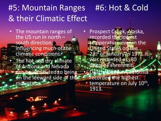#5: Mountain Ranges #6: Hot & Cold
& their Climatic Effect
• The mountain ranges of
the US run in north –
south direction,
influencing much of the
climatic conditions.
• The hot and dry climate
of Arizona and Nevada
can be attributed to being
on the leeward side of the
mountains.
• Prospect Creek, Alaska,
recorded the lowest
temperature ever in the
United States on the
23rd of January in 1971.It
was recorded as -80
degree Fahrenheit.
• Death Valley in California
recorded the highest
temperature on July 10th,
1913.
 