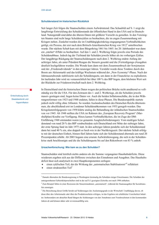 USA aktuell




                      Schuldenstand im historischen Rückblick

                      Seit langer Zeit folgen die Staatsschulden einem Aufwärtstrend. Das Schaubild auf S. 1 zeigt die
                      langfristige Entwicklung des Schuldenstands der öffentlichen Hand in den USA und in Deutsch-
                      land. Naturgemäß sind dabei die älteren Daten mit größerer Vorsicht zu genießen. In den Vereinig-
                      ten Staaten sind recht lange Schuldenzyklen zu beobachten, die im engen Zusammenhang mit
                      Kriegen stehen. Zunächst wurden die im Unabhängigkeitskrieg eingegangenen Verbindlichkeiten
                      getilgt, ein Prozess, der erst nach dem Britisch-Amerikanischen Krieg von 18123 unterbrochen
                      wurde. Der nächste Schub kam mit dem Bürgerkrieg 1861 bis 1865. Im 20. Jahrhundert war dann
                      ein „ratchet“-Effekt zu beobachten: Auf den 1. und 2. Weltkrieg folgte jeweils eine Periode des
                      Schuldenabbaus. Jedoch lag der Tiefstand der Schulden jeweils höher als im vorherigen Zyklus.
                      Der langjährige Rückgang der Staatsschuldenquote nach dem 2. Weltkrieg endete Anfang der
                      achtziger Jahre, als unter Präsident Reagan die Steuern gesenkt und die (Verteidigungs-)Ausgaben
                      deutlich hochgefahren wurden. Die Wende kam dann mit dem Zusammenbruch der Sowjetunion
                      und der „Friedensdividende“ in den neunziger Jahren. Verstärkt wurde diese Tendenz durch den
                      Boom am Aktienmarkt und das kräftige Wachstum während der „New Economy“-Phase. Nach der
                      Jahrtausendwende stabilisierte sich die Schuldenquote, um dann in der Finanzkrise zu explodieren.
                      Im laufenden Jahr wird sie voraussichtlich bei über 100 % des BIP liegen, dem höchsten Wert seit
                      der Rückkehr zur Friedenswirtschaft nach dem 2. Weltkrieg.

                      In Deutschland sind die historischen Daten wegen der politischen Brüche nicht annähernd so voll-
                      ständig wie für die USA. Für den Zeitraum des 1. und 2. Weltkriegs, als die Schulden jeweils
Entschuldung durch    massiv gestiegen sind, liegen keine Daten vor. Auch die beiden Inflationsschübe, die in den Wäh-
Staatsbankrott und    rungsreformen von 1923 und 1948 endeten, fallen in diese Phasen. Die Bundesrepublik startete
     Hyperinflation   jedoch nicht völlig ohne Altlasten. So wurden Auslandsschulden des Deutschen Reichs übernom-
                      men, die abschließend erst im Londoner Schuldenabkommen von 1953 geregelt wurden. Das
                      Kriegslastenfolgegesetz von 1958 klärte analog die Behandlung der inländischen Staatsschulden
                      von vor 1945. Ab 1948 stellten die USA im Rahmen des „European Recovery Program“ (Mar-
                      shallplan) Kredite zur Verfügung. Hinzu kamen Verbindlichkeiten, die im Zuge der DM-
                      Einführung 1948 entstanden waren (so genannte Ausgleichsforderungen). Vom niedrigen Schul-
                      denstand von rund 20 % des BIP verabschiedete sich Deutschland erst Mitte der siebziger Jahre,
                      der erste Sprung fand im Jahr 1975 statt. In den achtziger Jahren pendelte sich der Schuldenstand
                      dann bei rund 40 % ein, also doppelt so hoch wie in der Nachkriegszeit. Der nächste Schub erfolg-
                      te mit der deutschen Einheit, binnen fünf Jahren hatte sich der Schuldenstand abermals um rund 20
                      Prozentpunkte erhöht. Ab 2003 begann eine erneute Aufwärtsbewegung, die sich in der Schulden-
                      krise stark beschleunigte und die die Schuldenquote bis auf den Rekordwert von 83 % anhob.

                      Ursachenforschung: Wie kam es zu den Schulden?

                      Staatsschulden sind letztlich nichts anderes als die Summe vergangener Haushaltsdefizite. Diese
                      wiederum ergeben sich aus der Differenz zwischen den Einnahmen und Ausgaben. Das Haushalts-
                      defizit lässt sich analytisch in zwei Hauptkomponenten zerlegen:
                       einen zyklischen Teil, der die Wirkung der „automatischen Stabilisatoren“4 reflektiert
                       einen strukturellen Teil5


                      3
                          Damals übernahm die Bundesregierung in Washington letztmalig die Schulden einiger Einzelstaaten. Die Schulden der
                      untergeordneten Gebietskörperschaften sind in der auf S.1 gezeigten Zeitreihe erst nach 1998 enthalten.
                      4
                          Zum Beispiel fallen in einer Rezession die Steuereinnahmen „automatisch“, während die Staatsausgaben für Sozialtrans-
                      fers ansteigen.
                      5
                          Die Berechnung dieser Größe beruht auf Schätzungen des Auslastungsgrads in der Wirtschaft. Unabhängig davon, ob
                      diese über den Arbeitsmarkt oder über die Produktionslücke erfolgen, ist das Ergebnis mit erheblicher Unsicherheit behaf-
                      tet. Insbesondere am aktuellen Rand hängen die Schätzungen von den Annahmen zum Trendwachstum in den kommenden
                      Jahren ab und können daher sehr revisionsanfällig sein.




                      Helaba Volkswirtschaft/Research · 23. Oktober 2012· © Helaba                                                                5
 