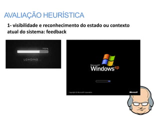 AVALIAÇÃO HEURÍSTICA
1- visibilidade e reconhecimento do estado ou contexto
atual do sistema: feedback
 