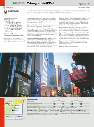 Triangolo dell’Est 9 giorni / 7 notti 
East Coast ATP-Eastern Triangle 
Dalla Grande Mela alle cascate del Niagara, la moderna Toronto, Philadelphia e la 
capitale Washington: il primo magico contatto con l’America. 
1 giorno, Italia/ New York - Partenza con volo di linea 
per New York (diretto o via Europa). Arrivo, trasferimento 
libero e sistemazione in albergo. Cena libera e pernottamen-to 
all’hotel Roosevelt (4 stelle). 
2 giorno, New York - Prima colazione, pranzo e cena 
liberi. Giornata a disposizione. Pernottamento. 
3 giorno, giorno, New York/ Niagara Falls (632 km) 
Prima colazione, pranzo e cena liberi. Presentarsi entro le ore 
7:15 nella lobby dell’hotel. Incontro con l’accompagnatore 
locale e partenza in pullman attraverso lo Stato di New York. 
Arrivo a Niagara Falls. Pernottamento all’hotel Sheraton o 
Radisson (o similare 4 stelle). 
4 giorno, Niagara Falls e Toronto (339 km) - Prima 
colazione, pranzo e cena liberi. Al mattino, escursione in 
pullman a Toronto e giro orientativo della città. Tempo a 
disposizione presso l’Eaton Centre. Nel pomeriggio, rientro 
a Niagara Falls e gita in battello Maid of the Mist fino ai 
piedi delle cascate (nei mesi freddi se il battello non opera si 
visitano gli Scenic Tunnels scavati dietro le cascate). 
5 giorno, Niagara Falls/ Washington (691 km) - Prima 
colazione, pranzo e cena liberi. Partenza di buon mattino in 
direzione Sud, attraverso il gradevole paesaggio collinare e 
le campagne della Pennsylvania e l’Amish Country per rag-giungere 
nel tardo pomeriggio Washington. Pernottamento 
all’hotel Hilton o Marriott (4 stelle). 
6 giorno, Washington - Prima colazione, pranzo e cena 
liberi. Al mattino, visita della città (principali monumenti e cimi-tero 
di Arlington). Pomeriggio a disposizione. Pernottamento. 
7 giorno, Washington/ Philadelphia/ New York (379 
km) - Prima colazione, pranzo e cena liberi. Rientro a New 
York con sosta a Philadelphia per una breve visita ai principali 
monumenti storici. Arrivo a New York nel pomeriggio e 
termine del tour. Pernottamento all’hotel Roosevelt (4 stelle). 
8 giorno, New York/ Italia - Prima colazione libera. 
Trasferimento libero in aeroporto e partenza per l’Italia. 
Pernottamento a bordo. 
9 giorno, Italia - Arrivo in mattinata. 
Con accompagnatore locale 
multilingue che parla italiano. 
DATE DI PARTENZA 
Sabato/ Mercoledì 
5, 12, 19, 26 aprile 
3, 7, 10, 17, 21, 24, 28, 31 maggio 
4, 7, 11, 14, 18, 21, 25, 28 giugno 
2, 5, 9, 12, 16, 19, 23, 26, 30 luglio 
2, 6, 9, 13, 16, 20, 23, 27, 30 agosto 
3, 6, 10, 13, 17, 20, 24, 27 settembre 
1, 4, 8, 11, 15, 18, 22, 25 ottobre 
1, 15 novembre 
Le partenze di Mercoledì 
effettuano il circuito in senso inverso. 
IGV TOUR 
IGV GOLD 
 
 
 
 
 
4 
QUOTE INDIVIDUALI 
in doppia solo tour* 
da Milano e Roma adulto bambino adulto bambino 
aprile, maggio e fino al 25 giugno 1.505 700 1.160 435 
28 giugno, luglio, agosto 1.840 1.010 1.085 435 
settembre, ottobre, novembre 1.565 700 1.220 435 
Bambino = min. 8 max 11 anni in camera con 2 adulti; Ragazzo = 12-15 anni; *Solo Tour = senza la porzione aerea. 
Quota gestione pratica E 60 adulti e bambini dai 2 anni in poi. Assicurazione E 40 adulti, E 30 bambini da 0 anni in poi. Supplemento camera 
singola E 655. Ragazzo 12-15 anni in camera con 2 adulti riduzione E 650. Terzo adulto in doppia uso tripla riduzione E 425 per camera. 
Con Alitalia voli diretti da Roma supp. E 90; da Sud Italia e isole supp. E 190; da Milano e da tutti gli aeroporti Nord e Centro Italia incluso 
Napoli nessun supplemento. Con American Airlines / British Airways/ Lufthansa quote valide da tutti gli aeroporti Nord e Centro Italia serviti dai 
singoli vettori. Tasse aeroportuali (importo indicativo): da E 370. 
GIRO CITTA’ IN OMAGGIO 
Per chi prenota questo tour un buono 
per un giro città sui pullman “Hop-on/off ” 
 