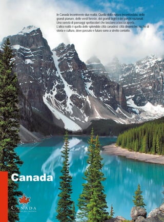 In Canada incontrerete due realtà. Quella della natura incontrastata, delle 
grandi pianure, delle verdi foreste, dei grandi laghi e dei parchi nazionali. 
Una varietà di paesaggi spettacolari che lasciano a bocca aperta. 
L’altra realtà è quella delle splendide città canadesi: città dinamiche, ricche di 
storia e cultura, dove passato e futuro sono a stretto contatto. 
Canada 
 