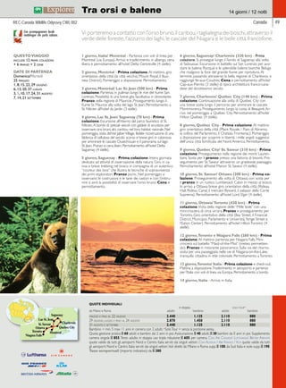 Tra orsi e balene 14 giorni / 12 notti 
Canada 49 
Vi porteremo a contatto con l’orso bruno, il caribou, i taglialegna dei boschi, attraverso il 
verde delle foreste, l’azzurro dei laghi, le cascate del Niagara e le belle città francofone. 
1 giorno, Italia/ Montréal - Partenza con voli di linea per 
Montreal (via Europa). Arrivo e trasferimento in albergo, cena 
libera e pernottamento all’hotel Delta Centreville (4 stelle). 
2 giorno, Montréal - Prima colazione. Al mattino, giro 
orientativo della città (la città vecchia, Mount Royal, il Busi-ness 
District). Pomeriggio a disposizione. Pernottamento. 
3 giorno, Montréal/ Lac St. Jean (500 km) - Prima 
colazione. Partenza in pullman lungo le rive del fiume San 
Lorenzo. Possibilità di una breve gita facoltativa in idrovolante. 
Pranzo nella regione di Mauricie. Proseguimento lungo il 
fiume St. Maurice alla volta del lago St. Jean. Pernottamento a 
St. Félicien all’hotel du Jardin (3 stelle). 
4 giorno, Lac St. Jean/ Saguenay (70 km) - Prima 
colazione. Escursione all’interno del parco faunistico di St. 
Félicien. A bordo di speciali veicoli con gabbie di sicurezza per 
osservare orsi bruni, alci, caribou nel loro habitat naturale. Nel 
pomeriggio, visita del Val Jalber Village, fedele ricostruzione di una 
fabbrica di cellulosa del secolo scorso e breve giro in cabinovia 
per ammirare le cascate Ouiatchouan e il panorama sul lago 
St. Jean. Pranzo e cena liberi. Pernottamento all’hotel Delta 
Saguenay (4 stelle). 
5 giorno, Saguenay - Prima colazione. Intera giornata 
dedicata ad attività di osservazione della natura. Giro in ca-noa 
e breve trekking nel bosco in compagnia di un autentico 
“coureur des bois” che illustra le tecniche di sopravvivenza 
dei primi esploratori. Pranzo picnic. Nel pomeriggio si 
osservano le costruzioni e le tane dei castori e con l’imbru-nire 
si avrà la possibilità di osservare l’orso bruno. Cena e 
pernottamento. 
6 giorno, Saguenay/ Charlevoix (320 km) - Prima 
colazione. Si prosegue lungo il fiordo di Saguenay alla volta 
di Tadoussac. Escursione in battello sul San Lorenzo per avvi-stare 
le balene Rorqual e le splendide balene bianche Beluga 
che risalgono la foce del grande fiume per riprodursi. Al 
termine, passando attraverso la bella regione di Charlevoix si 
raggiunge Ile-aux-Coudres. Cena e pernottamento all’hotel 
Cap-aux-Pierres (3 stelle) di tipica architettura franco-cana-dese 
del diciottesimo secolo. 
7 giorno, Charlevoix/ Québec City (140 km) - Prima 
colazione. Continuazione alla volta di Quebec City con 
una breve sosta lungo il percorso per ammirare le cascate 
Montmorency. Proseguimento lungo la costa di Beaupré. Ar-rivo 
nel pomeriggio a Québec City. Pernottamento all’hotel 
Hilton Québec (4 stelle). 
8 giorno, Québec City - Prima colazione. Al mattino 
giro orientativo della città (Place Royale, i Piani di Abramo, 
la collina del Parlamento, il Chateau Frontenac). Pomeriggio 
a disposizione per scoprire in libertà i mille angoli suggestivi 
dell’unica città fortificata del Nord America. Pernottamento. 
9 giorno, Quebec City/ St. Saveur (310 km) - Prima 
colazione. Proseguimento nella regione dei monti Lauren-tians. 
Sosta per il pranzo presso una fattoria di bisonti. Pro-seguimento 
per St. Saveur attraverso un gradevole paesaggio. 
Pernottamento all’hotel Manoir St. Saveur (4 stelle). 
10 giorno, St. Saveur/ Ottawa (200 km) - Prima co-lazione. 
Proseguimento alla volta di Ottawa, con sosta per 
il pranzo in un rustico Lumberjack Cabin in mezzo al bosco. 
In arrivo a Ottawa breve giro orientativo della città (Rideau 
Hall, Rideau Canal, il mercato Byward, il palazzo della Corte 
Suprema). Pernottamento all’hotel Lord Elgin (4 stelle). 
11 giorno, Ottawa/ Toronto (430 km) - Prima 
colazione. Visita della regione delle “Mille Isole” con una 
mini-crociera di circa un’ora. Pranzo e proseguimento per 
Toronto. Giro orientativo della città (Bay Street, il Financial 
District, Municipio, Parlamento e Università, Yonge Street e 
l’Eaton Center). Pernottamento all’hotel Hilton Toronto (4 
stelle). 
12 giorno, Toronto e Niagara Falls (260 km) - Prima 
colazione. Al mattino partenza per Niagara Falls. Mini-crociera 
sul battello “Maid-of-the-Mist” (meteo permetten-do). 
Pranzo in ristorante panoramico. Sulla via del ritorno, 
sosta per una passeggiata nelle vie di Niagara-on-the-Lake, 
tranquilla cittadina in stile coloniale. Pernottamento a Toronto. 
13 giorno, Toronto/ Italia - Prima colazione e check-out. 
Mattina a disposizione. Trasferimento in aeroporto e partenza 
per l’Italia con voli di linea via Europa. Pernottamento a bordo. 
14 giorno, Italia - Arrivo in Italia. 
REC-Canada Wildlife Odyssey CWL 002 
Con accompagnatore locale 
multilingue che parla italiano. 
QUESTO VIAGGIO 
include 12 prime colazioni 
+ 6 pranzi + 2 cene 
DATE DI PARTENZA 
Domenica/Martedì 
25 maggio 
1, 8, 15, 22, 29 giugno 
6, 13, 20, 27 luglio 
3, 5, 10, 17, 24, 31 agosto 
7, 14, 21 settembre 
St. Saveur 
QUOTE INDIVIDUALI 
in doppia solo tour* 
da Milano e Roma adulto bambino adulto bambino 
maggio e fino al 22 giugno 2.440 1.125 2.110 880 
29 giugno, luglio e fino al 24 agosto 2.870 1.450 2.110 880 
31 agosto e settembre 2.440 1.125 2.110 880 
Bambino = min. 5 max 11 anni in camera con 2 adulti; *Solo Tour = senza la porzione aerea. 
Quota gestione pratica E 60 adulti e bambini dai 2 anni in poi. Assicurazione E 40 adulti, E 30 bambini da 0 anni in poi. Supplemento 
camera singola E 855. Terzo adulto in doppia uso tripla riduzione E 605 per camera. Con Air Canada/ Lufthansa/ British Airways 
quote valide da tutti gli aeroporti Nord e Centro Italia serviti dai singoli vettori. Con Alitalia / Air France / Klm quote valide da tutti 
gli aeroporti Nord e Centro Italia serviti dai singoli vettori. Voli diretti da Milano e Roma supp. E 100; da Sud Italia e isole supp. E 190. 
Tasse aeroportuali (importo indicativo): da E 380. 
 