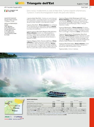 Triangolo dell’Est 9 giorni / 7 notti 
ATP- Pacchetto Triangolo dell’Est East Coast 
Sono inclusi i trasferimenti, la visita di New York, 7 prime colazioni all’americana, 
3 pranzi e 3 cene. Accompagnatore locale che parla solo italiano. 
1 giorno, Italia/ New York - Partenza con volo di linea per 
New York (diretto o via Europa). Incontro con il corrisponden-te 
e trasferimento in albergo. Cena libera e pernottamento 
all’hotel Le Parker Méridien o Omni Berkshire (4 stelle). 
2 giorno, New York - Prima colazione. Giro di Manhat-tan 
di mezza giornata con guida italiana seguita da pranzo 
in ristorante. Pomeriggio a disposizione per visite facoltative. 
Cena libera. Pernottamento. 
3 giorno, giorno, New York/ Niagara Falls (632 km) 
Prima colazione. Incontro con l’accompagnatore e 
partenza in pullman per le cascate del Niagara attraver-so 
lo Stato di New York. Pranzo libero. Arrivo nel tardo 
pomeriggio. Cena e pernottamento all’hotel Sheraton o 
Radisson (4 stelle). 
4 giorno, Niagara Falls e Toronto (269 km) - Prima 
colazione. Al mattino, escursione in pullman a Toronto e 
giro orientativo della città (Skydome, Municipio). Pranzo 
in ristorante e rientro a Niagara Falls. Visita delle cascate dai 
due lati statunitense e canadese e gita in battello Maid of the 
Mist fino ai piedi delle cascate. Cena libera. Pernottamento. 
5 giorno, Niagara Falls/ Washington (691 km) 
Prima colazione. Partenza di buon mattino in direzione 
Sud. Sosta per il pranzo nello stato del Pennsylvania ed 
arrivo nel tardo pomeriggio a Washington DC. Cena libera. 
Pernottamento all’hotel Washington Hilton o Marriott 
Wardman (4 stelle). 
6 giorno, Washington - Prima colazione. Al mattino, 
visita della città (principali monumenti: Casa Bianca, Campido-glio, 
Washington Monument e cimitero di Arlington). Pranzo 
libero e pomeriggio a disposizione. Cena e pernottamento. 
7 giorno, Washington/ Philadelphia/ New York 
(379 km) - Prima colazione. Rientro a New York con sosta 
a Philadelphia per un breve giro orientativo del centro storico. 
Pranzo libero. Arrivo a New York nel tardo pomeriggio e ter-mine 
del tour. Cena di arrivederci in ristorante. Pernottamento 
all’hotel Le Parker Méridien o Omni Berkshire (4 stelle). 
8 giorno, New York/ Italia - Prima colazione e check 
out. Mattina a disposizione. Trasferimento in aeroporto e 
partenza per l’Italia. Pernottamento a bordo. 
9 giorno, Italia - Arrivo in mattinata. 
Con accompagnatore locale 
di lingua italiana. 
QUESTO VIAGGIO 
include 7 prime colazioni 
+ 3 pranzi + 3 cene 
DATE DI PARTENZA 
Lunedì 
14, 21, 28 aprile 
5, 12, 19, 26 maggio 
2, 9, 16, 23, 30 giugno 
7, 14, 21, 28 luglio 
4, 11, 18, 25 agosto 
1, 8, 15, 22, 29 settembre 
6 ottobre 
IGV TOUR 
IGV GOLD 
 
 
 
 
 
QUOTE INDIVIDUALI 
in doppia solo tour* 
da Milano e Roma adulto bambino adulto bambino 
aprile, maggio e fino al 23 giugno 2.060 1.180 1.725 920 
30 giugno, luglio, agosto, 1 settembre 2.390 1.490 1.640 920 
8, 15, 22, 29 settembre, 6 ottobre 2.060 1.180 1.725 920 
Bambino = min. 8 max 11 anni in camera con 2 adulti; Ragazzo = 12-15 anni; *Solo Tour = senza la porzione aerea. 
Quota gestione pratica E 60 adulti e bambini dai 2 anni in poi. Assicurazione E 40 adulti, E 30 bambini da 0 anni in poi. Supplemento 
camera singola E 805. Ragazzo 12-15 anni in camera con 2 adulti riduzione E 720. Terzo adulto in doppia uso tripla riduzione E 345 per 
camera. Con Alitalia voli diretti da Roma supp. E 90; da Sud Italia e isole supp. E 190; da Milano e da tutti gli aeroporti Nord e Centro 
Italia incluso Napoli nessun supplemento. Con American Airlines / British Airways/ Lufthansa quote valide da tutti gli aeroporti Nord e 
Centro Italia serviti dai singoli vettori. Tasse aeroportuali (importo indicativo): da E 370. 
5 
 