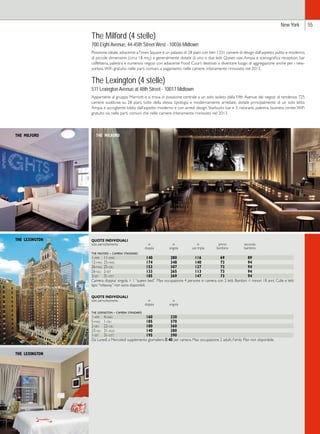 New York 55 
The Milford (4 stelle) 
700 Eight Avenue, 44-45th Street West - 10036 Midtown 
Posizione ideale, adiacente a Times Square è un palazzo di 28 piani con ben 1331 camere di design dall’aspetto pulito e moderno, 
di piccole dimensioni (circa 18 mq.) e generalmente dotate di uno o due letti Queen size. Ampia e scenografica reception, bar 
caffetteria, palestra e numerosi negozi con adiacente Food Court destinati a diventare luogo di aggregazione anche per i new-yorkesi. 
WiFi gratuito nelle parti comuni, a pagamento nelle camere. Interamente rinnovato nel 2013. 
The Lexington (4 stelle) 
511 Lexington Avenue at 48th Street - 10017 Midtown 
Appartiene al gruppo Marriott e si trova in posizione centrale a un solo isolato dalla Fifth Avenue dei negozi di tendenza. 725 
camere suddivise su 28 piani, tutte della stessa tipologia e modernamente arredate, dotate principalmente di un solo letto. 
Ampia e accogliente lobby dall’aspetto moderno e con arredi design, Starbucks bar e 3 ristoranti, palestra, business center, WiFi 
gratuito sia nelle parti comuni che nelle camere. Interamente rinnovato nel 2013. 
the milford the milford 
QUOTE INDIVIDUALI 
solo pernottamento in in in primo secondo 
doppia singola uso tripla bambino bambino 
the milford - camera standard 
1-apr 11-mag 140 280 116 69 89 
12-mag 25-mag 174 348 140 73 94 
26-mag 25-giu 153 307 127 73 94 
26-giu 2-set 133 265 113 73 94 
3-set 31-ott 185 369 147 73 94 
Camera doppia/ singola = 1 “queen bed”. Max occupazione 4 persone in camera con 2 letti. Bambini = minori 18 anni. Culle e letti 
tipo “rollaway” non sono disponibili. 
QUOTE INDIVIDUALI 
solo pernottamento in in 
doppia singola 
the lexington - camera standard 
1-apr 4-mag 160 320 
5-mag 1-giu 185 370 
2-giu 22-giu 180 360 
23-giu 31-ago 140 280 
1-set 31-ott 195 390 
Da Lunedì a Mercoledì supplemento giornaliero e 40 per camera. Max occupazione 2 adulti. Family Plan non disponibile. 
the lexington 
the lexington 
 