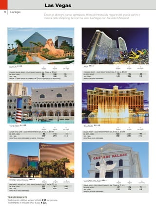 70 Las Vegas 
Las Vegas 
Dove gli alberghi danno spettacolo. Porta d’entrata alla regione dei grandi parchi e 
mecca dello shopping. Se non hai visto Las Vegas non hai visto l’America! 
luxor HHHH in in in 
doppia singola uso tripla 
pyramid deluxe room - solo pernottamento dal 1 mag al 31 ott 
da dom. a gio. 50 100 35 
ven. e sab. 90 180 70 
minori 11 anni gratis in camera con 2 adulti (senza letto aggiunto). 
aria HHHH in in in 
doppia singola uso tripla 
standard room - solo pernottamento dal 1 mag al 31 ott 
da dom. a gio. 98 196 84 
ven. e sab. 143 286 114 
family plan non disponibile. 
venetian HHHHH 
in in in 
doppia singola uso tripla 
bellagio HHHHH 
in in in 
doppia singola uso tripla 
luxury king suite - solo pernottamento dal 1 mag al 31 ott 
da dom. a gio. 86 172 73 
ven. e sab. 147 294 114 
family plan non disponibile in questa tipologia. 
deluxe room - solo pernottamento dal 1 mag al 31 ott 
da dom. a gio. 122 243 98 
ven. e sab. 150 300 115 
family plan non disponibile. 
wynn las vegas HHHHH in in in 
doppia singola uso tripla 
panoramic view room - solo pernottamento dal 1 mag al 31 ott 
da dom. a gio. 131 262 108 
ven. e sab. 208 416 160 
family plan non disponibile. 
TRASFERIMENTI 
Trasferimento collettivo aeroporto/hotel € 45 per persona. 
Trasferimento in limousine (max 6 pax) € 225. 
caesars palaceHHHHH in in in 
doppia singola uso tripla 
forum room - solo pernottamento dal 1 mag al 31 ott 
da dom. a gio. 87 174 71 
ven. e sab. 138 276 110 
family plan non disponibile. 
 