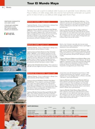 82 
Tour El Mundo Maya 
PARTENZE GARANTITE 
ogni lunedì e giovedì 
I TOUR INCLUDONO 
pernottamenti in hotel 
pasti come da programma 
ingressi ai siti archeologici 
Tre brevi tour per scoprire le bellezze dello Yucatan, tra le splendide rovine dell’antica civiltà 
Maya e Tolteca e le belle vestigia delle città coloniali. Tutti facilmente combinabili con qualche 
giorno di relax al mare su una delle più belle spiagge della Riviera Maya. 
minitour yucatan - 4 giorni / 3 notti 
1 giorno, Cancun - Arrivo e trasferimento in albergo. Cena 
e pernottamento all’hotel Radisson (4 stelle). 
2 giorno, Cancun/ Ek Balam/ Chichen Itzà/ Mérida 
(370 km) - Prima colazione e partenza per Ek Balam, che in 
lingua maya significa “giaguaro nero”. Visita del sito archeo-logico 
e proseguimento per Chichen Itzà, che con la famosa 
piramide di Kulkulkan è il più importante centro Maya 
post-classico. Pranzo e proseguimento per Mérida. Cena e 
pernottamento all’hotel El Castellano (5 stelle). 
3 giorno, Mérida/ Uxmal/ Mérida (160 km) - Prima 
colazione e partenza per Uxmal, grande centro del periodo 
classico e post-classico e visita del sito archeologico. Pranzo 
e rientro a Mérida per la visita della “città bianca”. Cena e 
pernottamento. 
4 giorno, Mérida/ Cobà/ Riviera Maya (330 km) 
Prima colazione e partenza per Cobà. Visita del sito archeo-logico 
situato nel cuore della foresta. Sosta lungo il percorso 
per rinfrescarsi in uno dei curiosi “cenote” (piscine naturali di 
acqua cristallina) tipici di questa regione. Proseguimento per 
la Riviera Maya e termine del minitour. 
minitour chiapas - 5 giorni / 4 notti 
1 giorno, Cancun - Arrivo e trasferimento in albergo. Cena 
e pernottamento all’hotel Radisson (4 stelle). 
2 giorno, Cancun/ Tuxla Gutierrez/ San Cristobal 
(volo + 100 km) - Prima colazione e partenza con volo 
di linea per Tuxla Gutierrez (via Città del Messico). Incontro 
con la guida e visita in barca al Canyon El Sumidero, uno degli 
spettacoli naturali più affascinanti, con parziale risalita del fiume 
Grijalva. Pranzo a Chiapa de Corzo e proseguimento per 
San Cristobal de las Casas, splendida città coloniale. Cena e 
pernottamento all’hotel Casa Vieja (o similare 4 stelle). 
3 giorno, San Cristobal de las Casas - Prima colazione e 
visita alle comunità indigene di San Juan Chamula e Zinacantan. 
Rientro a San Cristobal e visita della città (mercato locale, 
chiesa di Santo Domingo e Cattedrale). Pranzo e pomeriggio a 
disposizione. Cena e pernottamento. 
4 giorno, San Cristobal/ Agua Azul/ Palenque (200 
km) - Prima colazione e partenza per le pittoresche cascate 
di Agua Azul. Pranzo al sacco e proseguimento per Palenque. 
Cena e pernottamento all’hotel Mision Palenque (o similare 
4 stelle). 
5 giorno, Palenque/ Villahermosa/ Riviera Maya (volo 
+ 180 km) - Prima colazione e visita di Palenque, uno dei più 
suggestivi e interessanti siti Maya, posto al limitare della giungla. 
Pranzo e trasferimento all’aeroporto di Villahermosa. Volo 
di linea per Cancun (via Città del Messico). Arrivo intorno a 
mezzanotte e proseguimento per la Riviera Maya. 
meraviglie dello yucatan - 5 giorni / 4 notti 
1 giorno, Cancun - Arrivo e trasferimento in albergo. Cena 
e pernottamento all’hotel Radisson (4 stelle). 
2 giorno, Cancun/ Ek Balam/ Chichen Itzà/ Méri-da 
(370 km) - Prima colazione e partenza per Ek Balam, 
che in lingua maya significa “giaguaro nero”. Visita del sito 
archeologico e proseguimento per Chichen Itzà, che con la 
famosa piramide di Kulkulkan è il più importante centro Maya 
post-classico. Pranzo e proseguimento per Mérida. Cena e 
pernottamento all’hotel El Castellano (5 stelle). 
3 giorno, Mérida/ Celestùn/ Yaxcopoil/ Mérida (220 
km) - Prima colazione partenza per la riserva naturale di 
Celestùn, famosa per i fenicotteri rosa. Escursione in barca tra 
le mangrovie e le isolette chiamate “ojos de agua”. Dopo il 
QUOTE INDIVIDUALI 
pranzo, breve sosta alla Hacienda Yaxcopoil che fino al 1984 
si dedicava alla lavorazione del “henequen”, una fibra molto 
resistente che si ricava dall’agave. Rientro a Mérida e visita della 
“città bianca”. Cena e pernottamento. 
4 giorno, Mérida/ Loltun/ Uxmal/ Mérida (250 km) 
Prima colazione e partenza per le grotte di Loltun, serbatoi 
naturali di acqua che i Maya consideravano sacri. Visita alle 
gallerie e proseguimento per Uxmal. Pranzo e visita del sito ar-cheologico, 
grande centro del periodo classico e post-classico. 
Rientro a Mérida. Cena e pernottamento. 
5 giorno, Mérida/ Cobà/ Riviera Maya (330 km) 
Prima colazione e partenza per Cobà. Visita del sito archeo-logico 
situato nel cuore della foresta. Sosta lungo il percorso 
per rinfrescarsi in uno dei curiosi “cenote” (piscine naturali di 
acqua cristallina) tipici di questa regione. Proseguimento per la 
Riviera Maya e termine del minitour. 
in doppia supp. riduzione 
adulto bambino singola terzo adulto 
minitour yucatan 480 290 35 50 
minitour chiapas 990 750 105 110 
meraviglie dello yucatan 920 375 85 85 
Bambino = min. 4 max 11 anni in camera con 2 adulti; massima occupazione 3 adulti oppure 2 adulti + 2 bambini. 
per estensione mare all’igv club grand oasis tulum (min. 4 pernottamenti) vedi a pagina 81 
Messico 
Con guide locali 
di lingua italiana. 
 