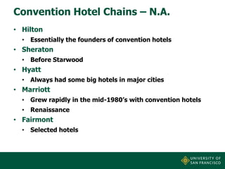 Convention Hotel Chains – N.A.
• Hilton
• Essentially the founders of convention hotels

• Sheraton
• Before Starwood

• Hyatt
• Always had some big hotels in major cities

• Marriott
• Grew rapidly in the mid-1980’s with convention hotels
• Renaissance

• Fairmont
• Selected hotels

 