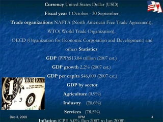 Currency  United States Dollar (USD)   Fiscal year  1 October - 30 September  Trade organizations  NAFTA (North American Free Trade Agreement), WTO( World Trade Organization),  OECD (Organization for Economic Corporation and Development) and others  Statistics  GDP  (PPP)$13.84 trillion (2007 est.)  GDP growth  2.2% (2007 est.)   GDP per capita  $46,000 (2007 est.)   GDP by sector  Agriculture  (0.9%)   Industry   (20.6%)  Services  (78.5%) Inflation  (CPI) 5.0% (Jun 2007 to Jun 2008)   