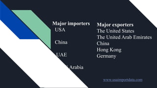 Major importers
USA
China
UAE
Saudi Arabia
www.usaimportdata.com
Major exporters
The United States
The United Arab Emirates
China
Hong Kong
Germany
 