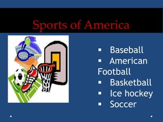 Sports of America
 Baseball
 American
Football
 Basketball
 Ice hockey
 Soccer
 