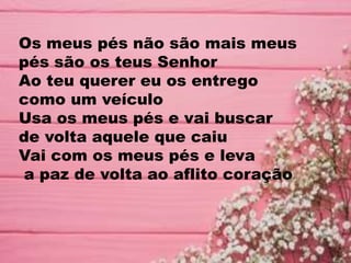 Os meus pés não são mais meus
pés são os teus Senhor
Ao teu querer eu os entrego
como um veículo
Usa os meus pés e vai buscar
de volta aquele que caiu
Vai com os meus pés e leva
a paz de volta ao aflito coração
 