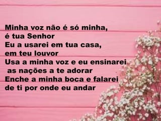 Minha voz não é só minha,
é tua Senhor
Eu a usarei em tua casa,
em teu louvor
Usa a minha voz e eu ensinarei
as nações a te adorar
Enche a minha boca e falarei
de ti por onde eu andar
 